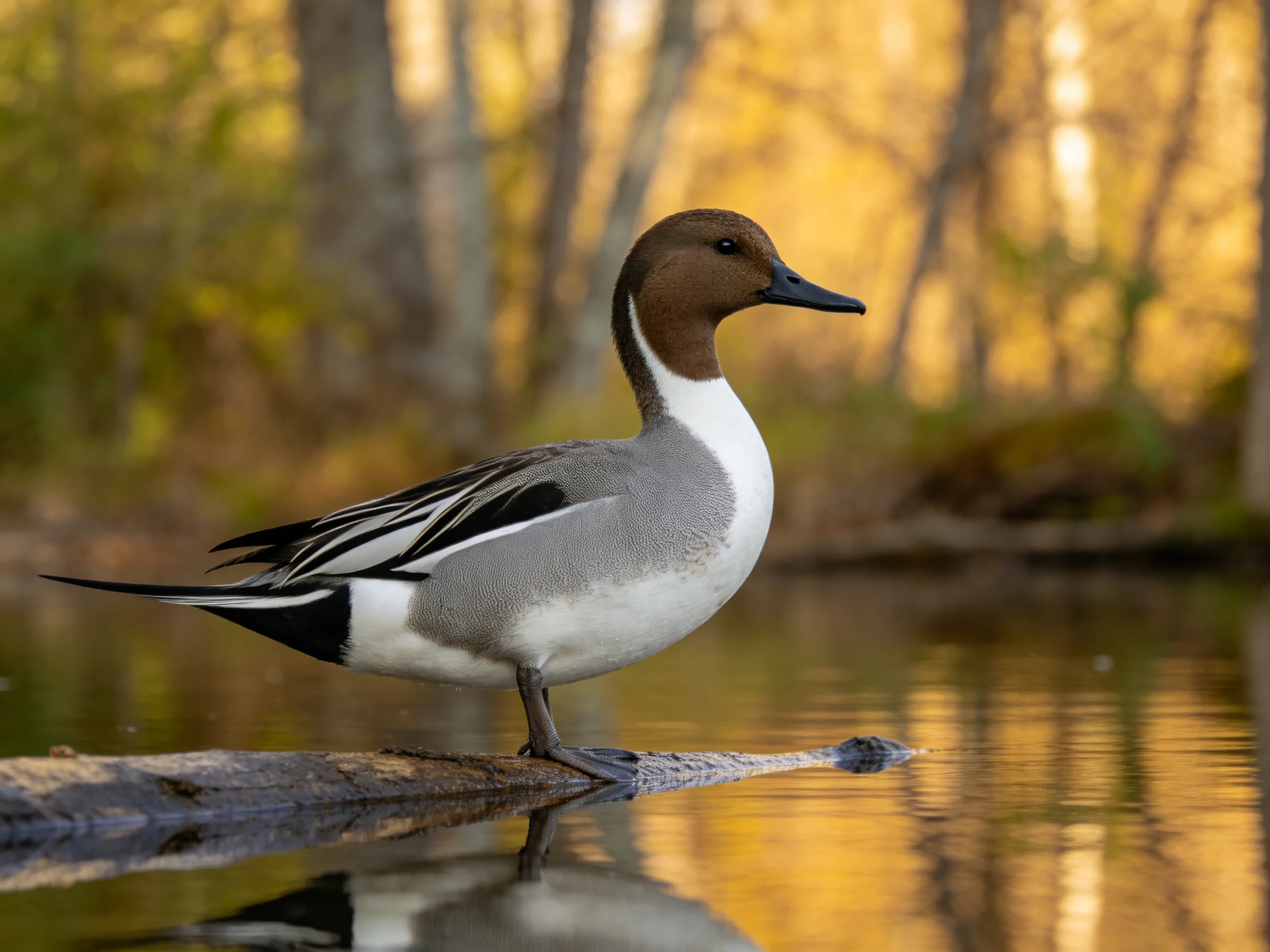 A duck with brown head, white chest, gray body stands on a log over calm water with golden forest ref