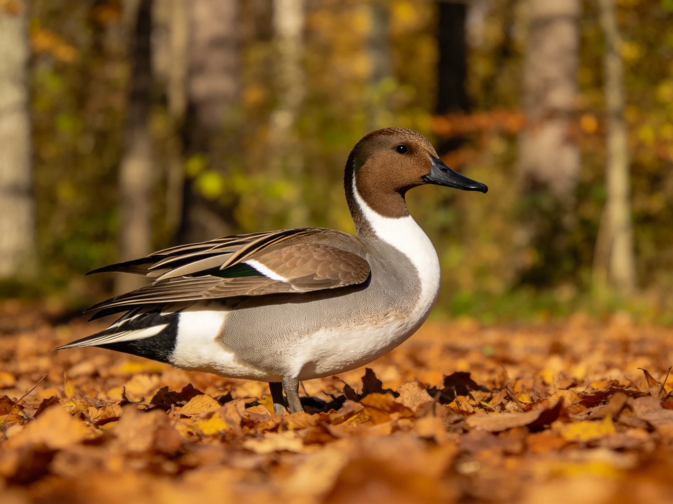 A duck with brown head, white neck, gray body among golden autumn leaves