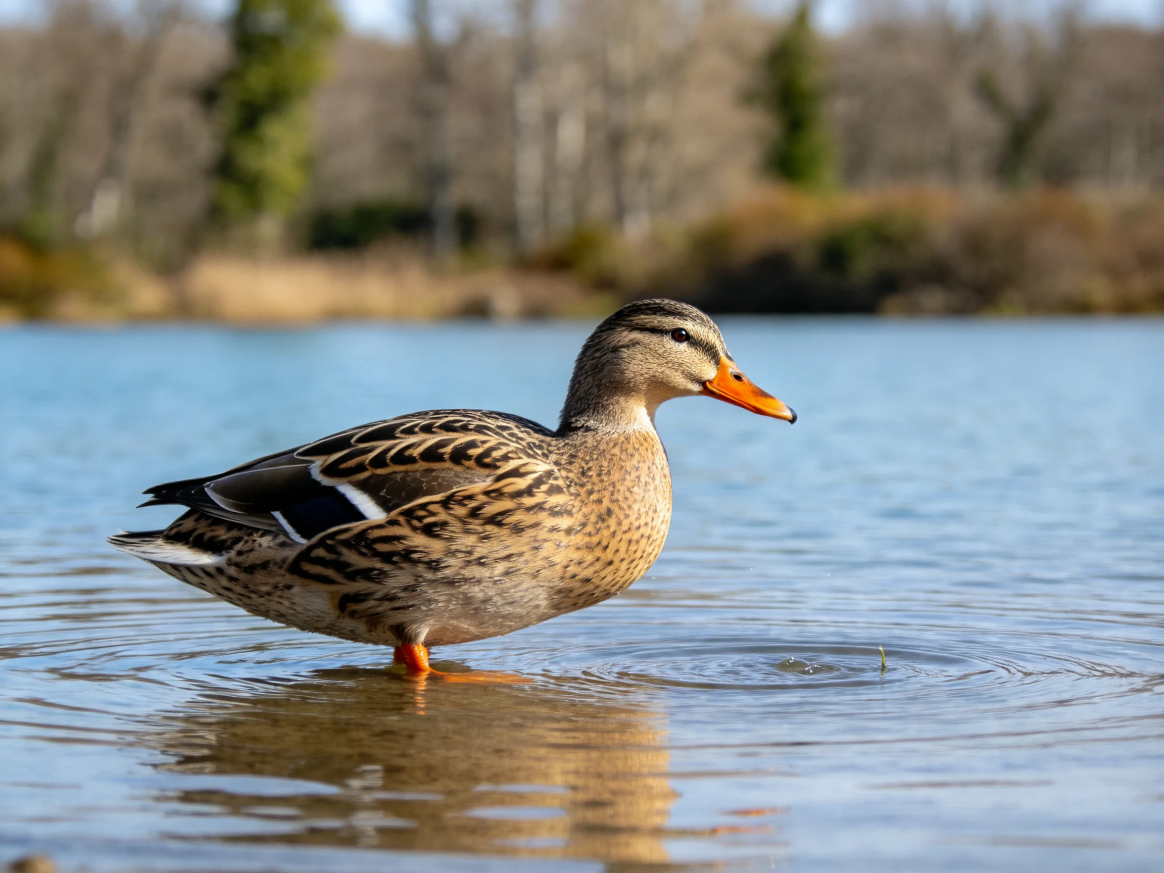 A duck with brown-speckled plumage wades in calm blue water