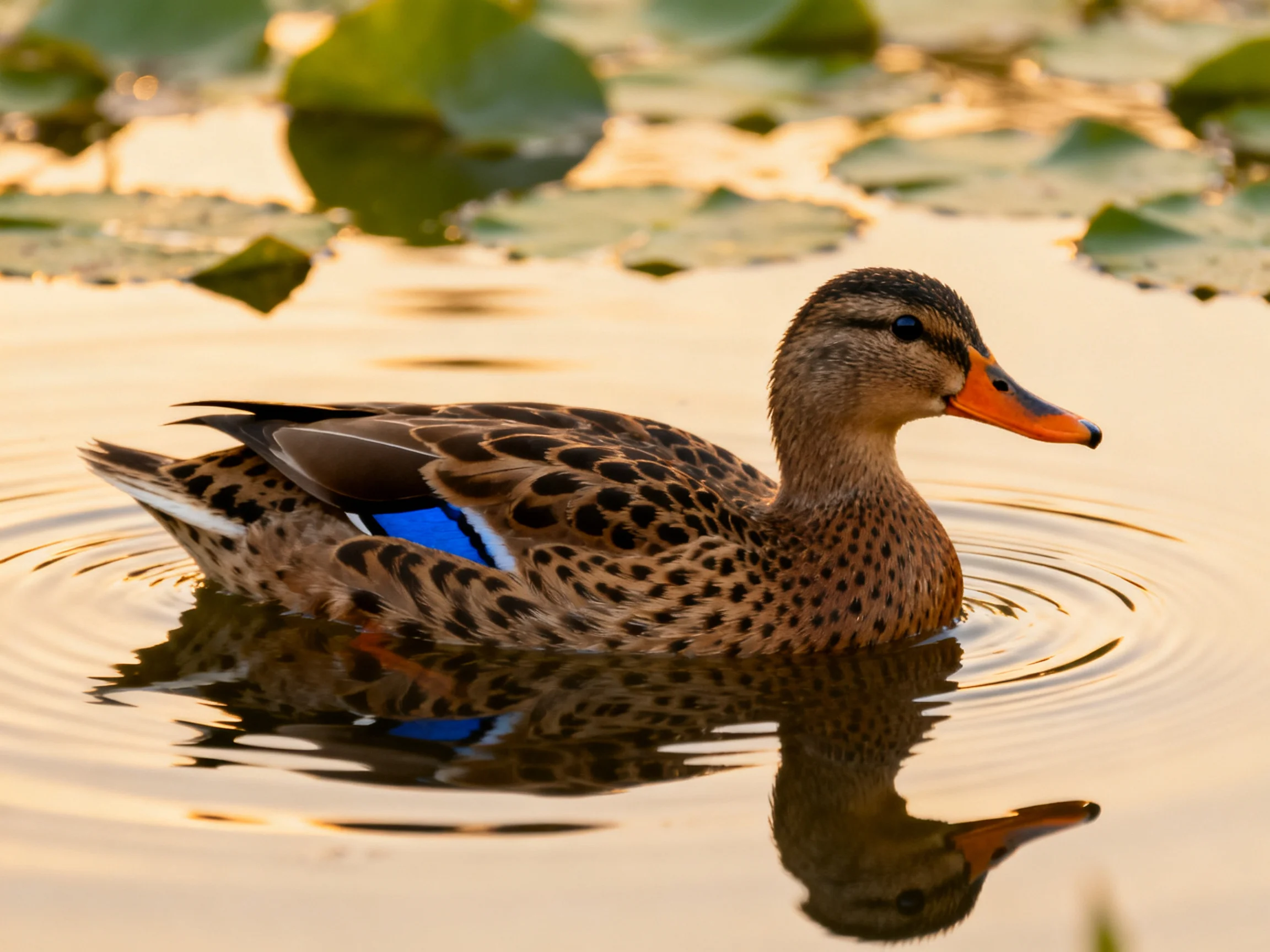 A duck with brown spotted feathers swims in golden water