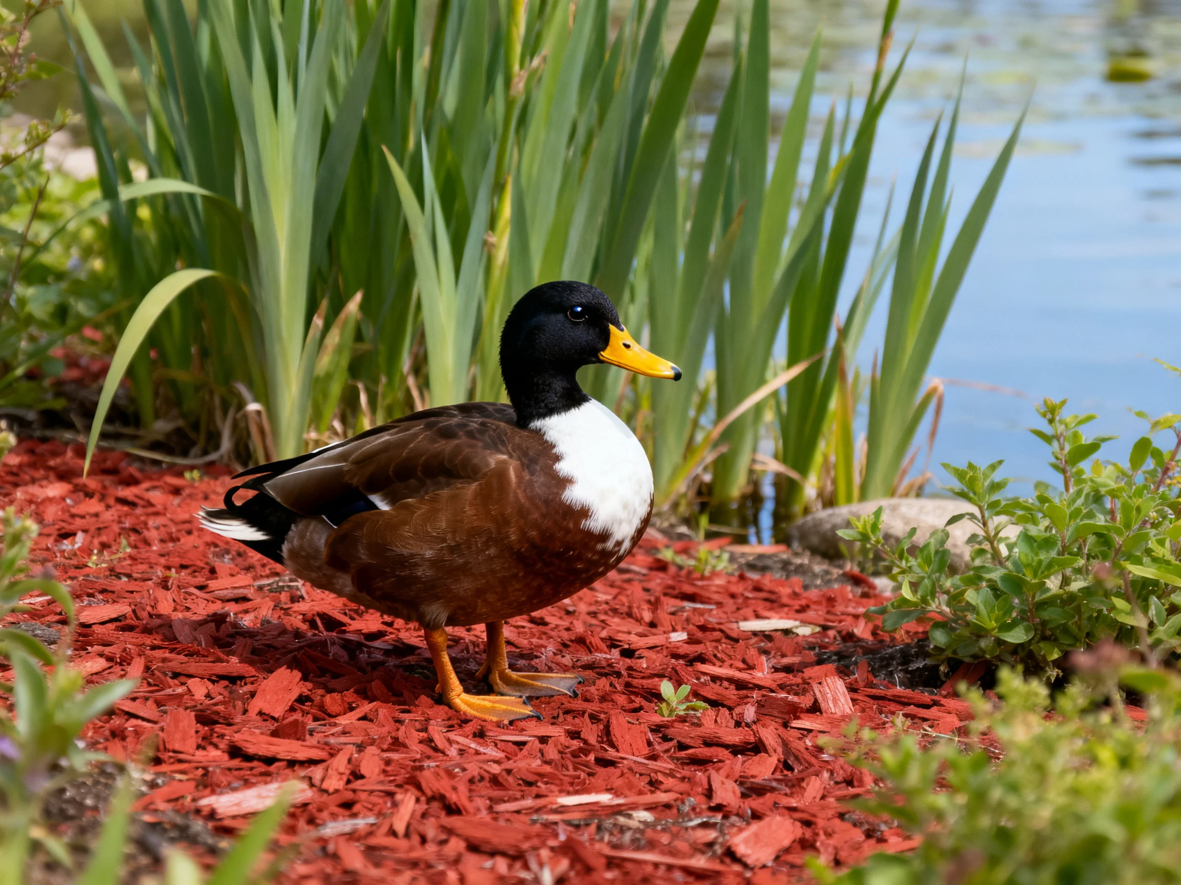 A duck with distinctively colored feathers sits on red mulch near water.