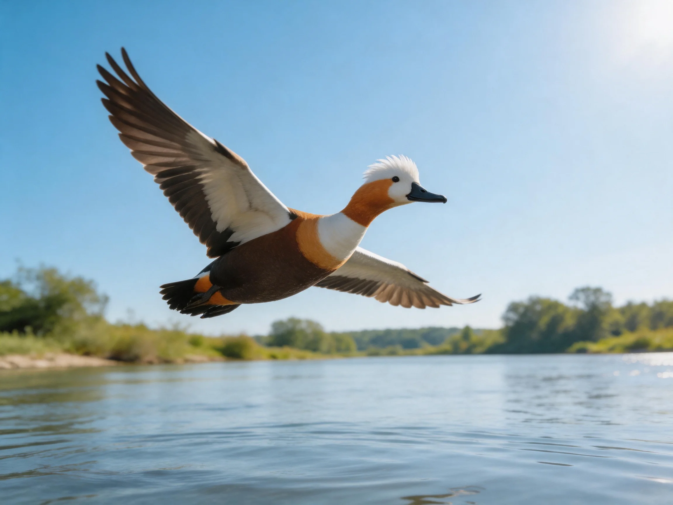 A duck with brown, white, and orange plumage flies over calm water