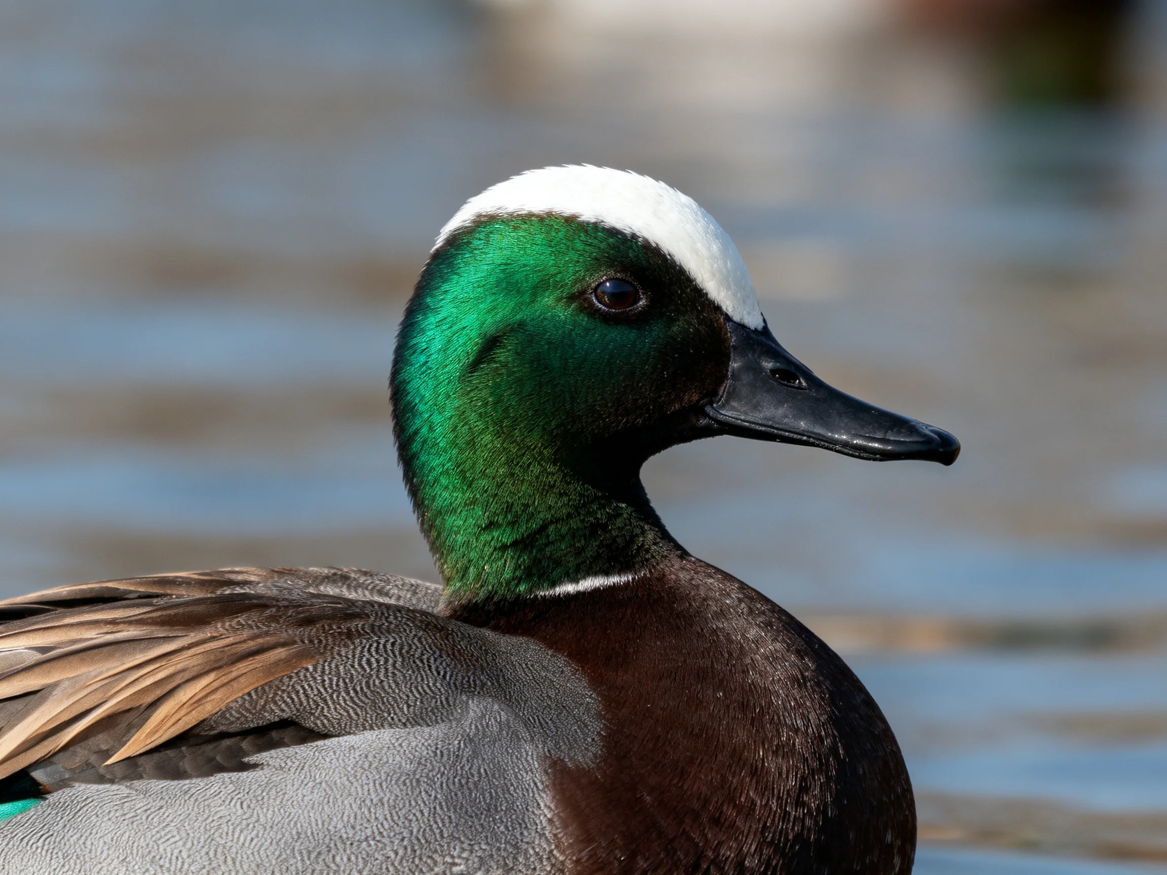 A duck with emerald neck, white crown, and brown-gray plumage by calm water