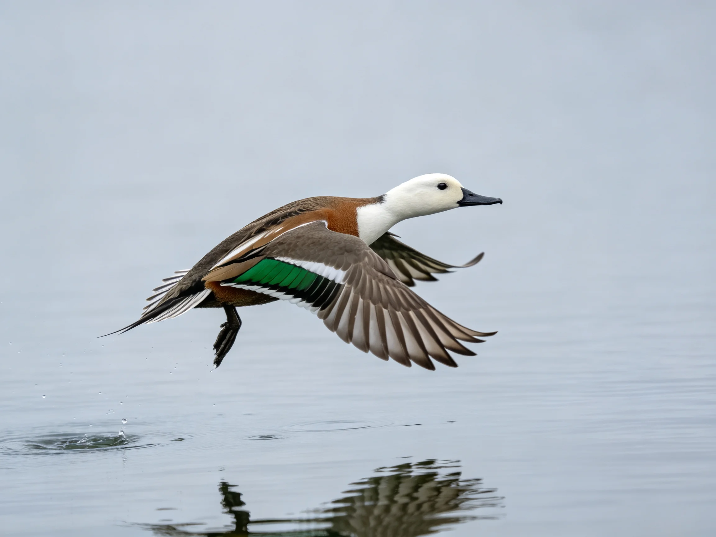 A duck with green wing patch flies low over calm water