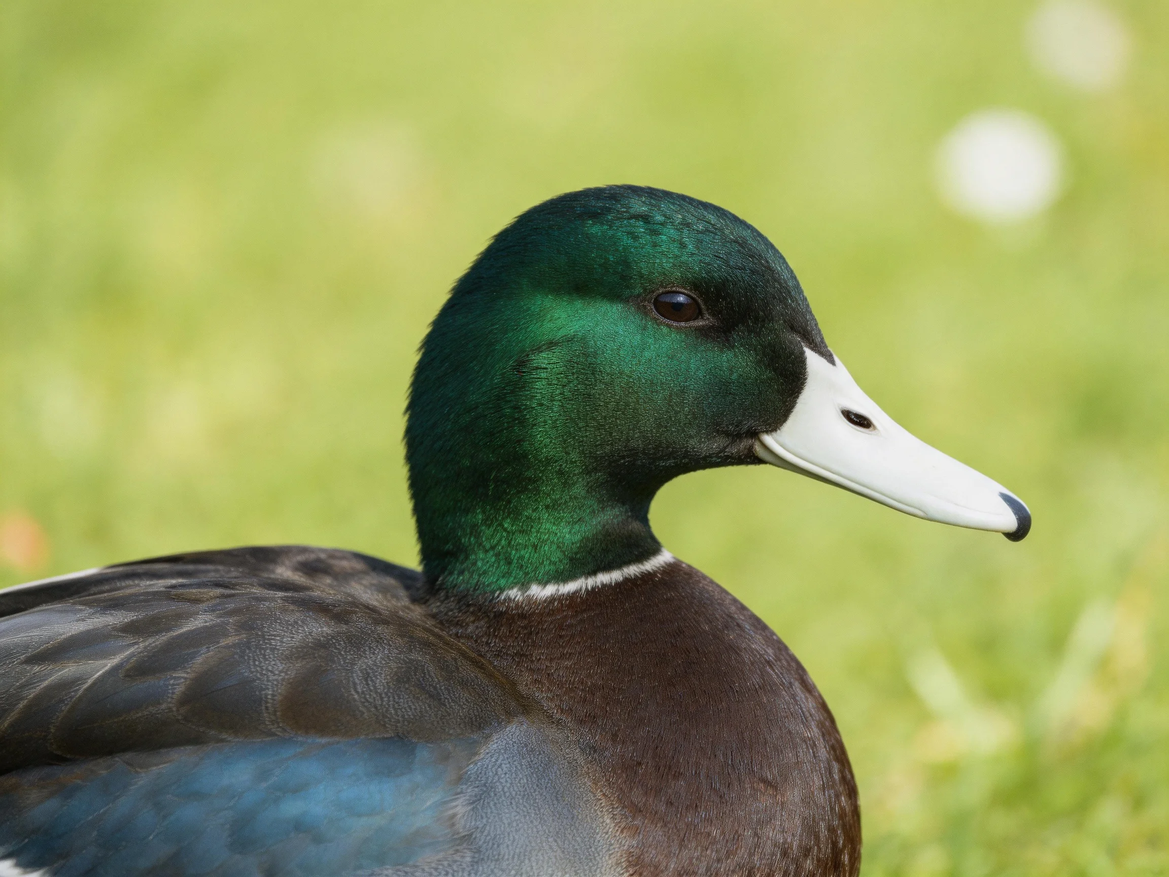A duck with iridescent green head, white bill, and brown feathers