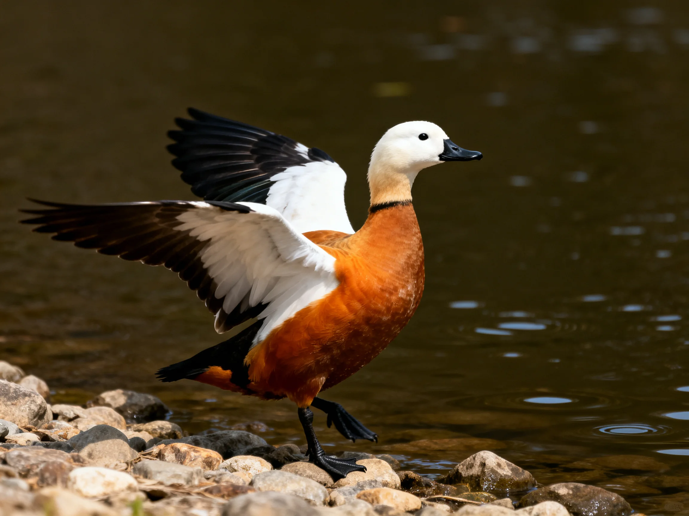 A duck with orange and white plumage spreads wings on pebbles