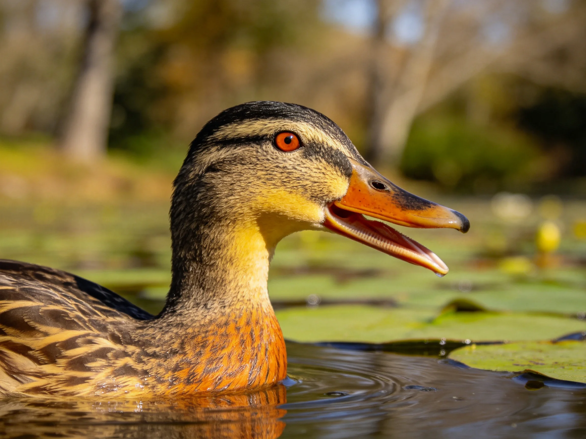 A duck with orange beak swims near lily pads