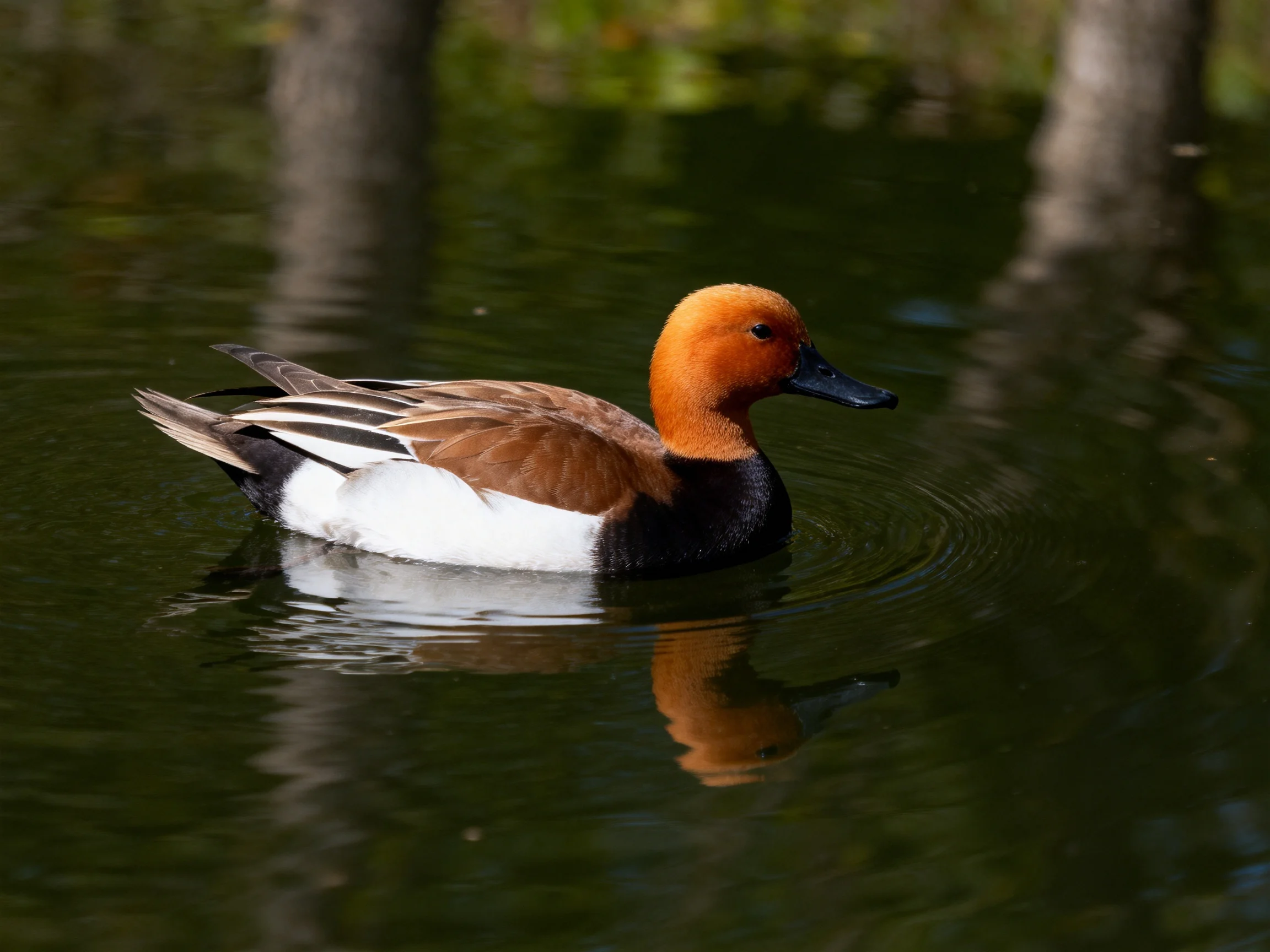 A duck with orange head swims in calm green water
