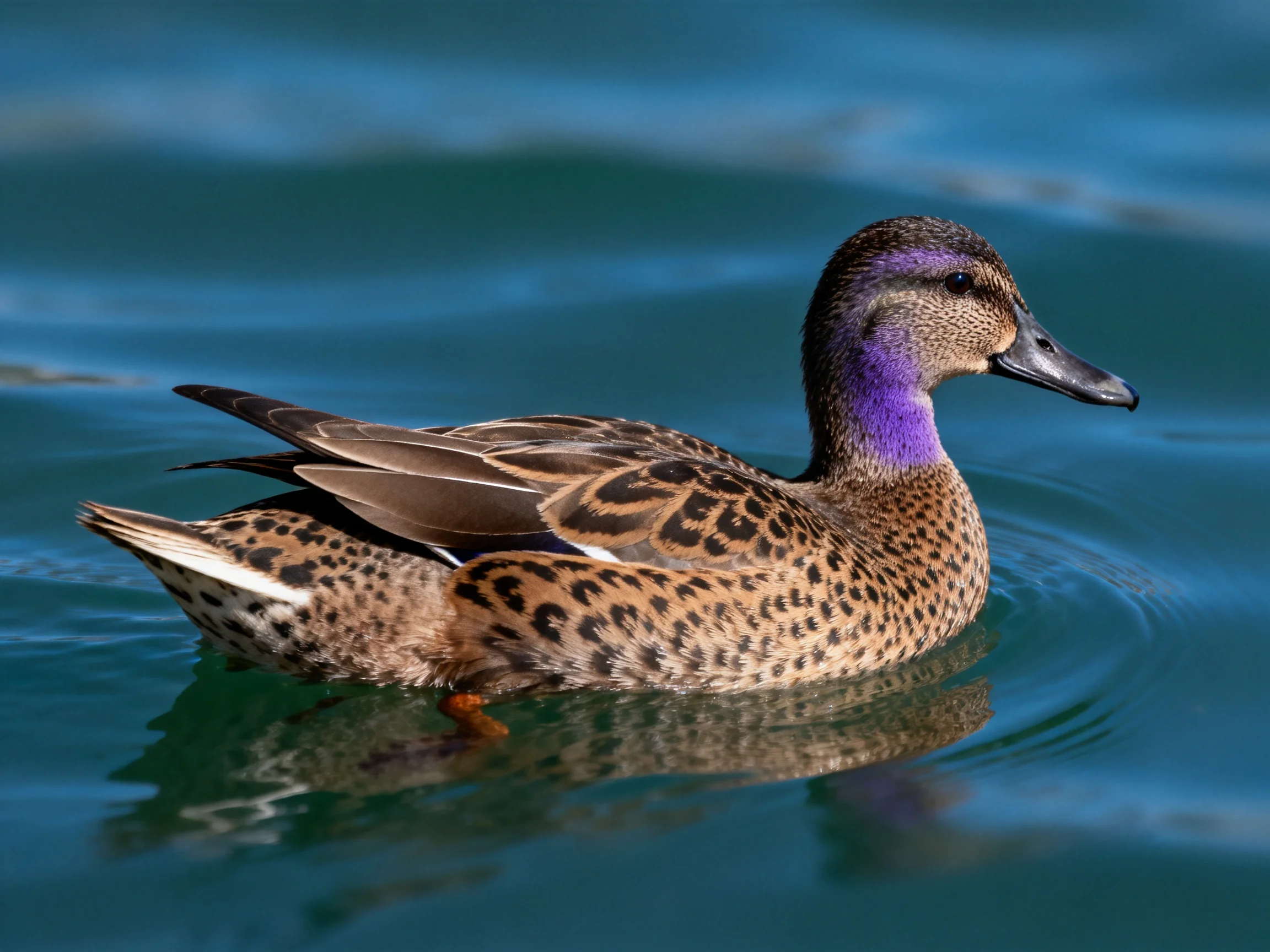 A duck with purple neck swims in clear blue water