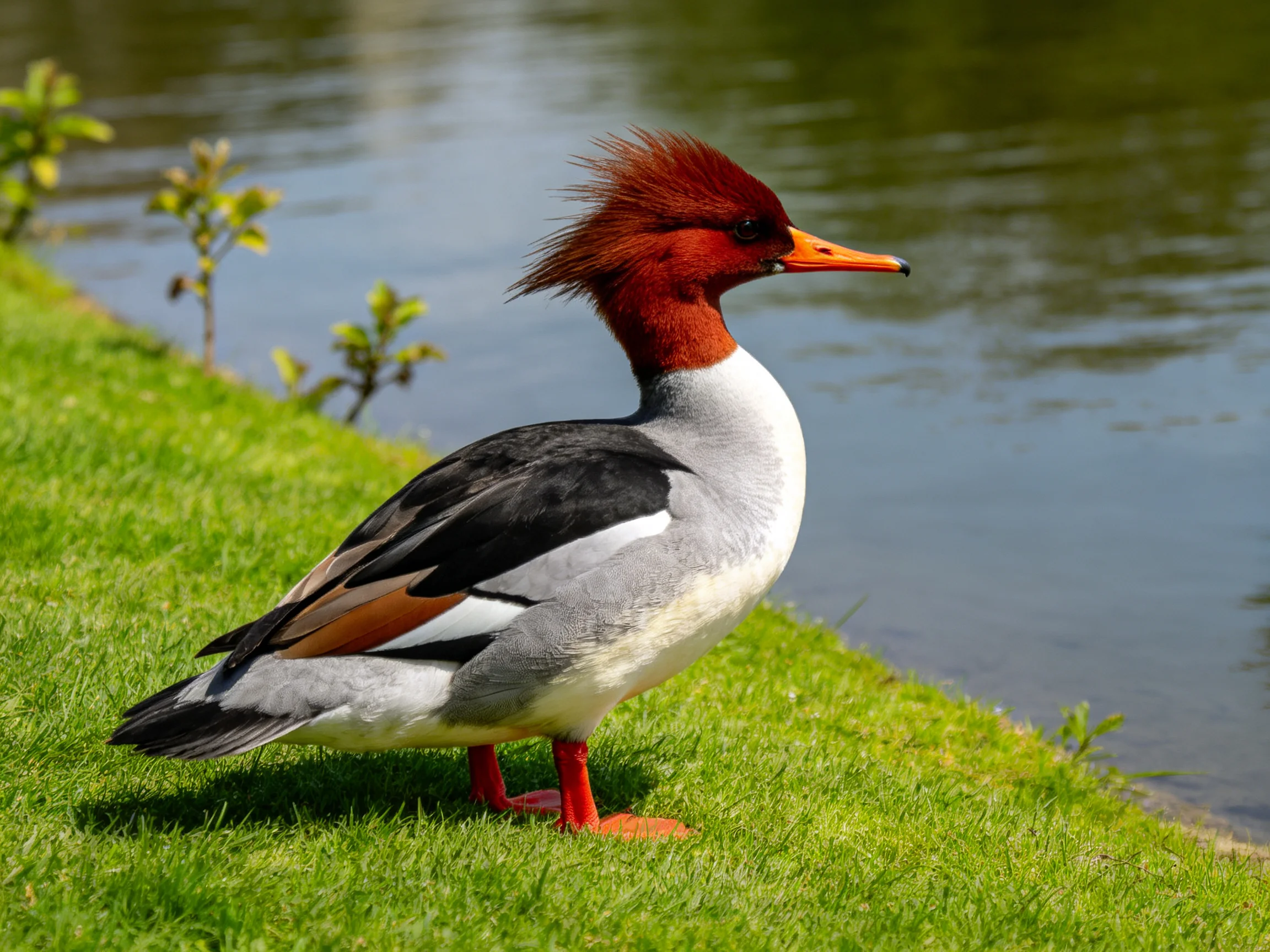 A duck with red crest, orange beak, gray and black plumage by water