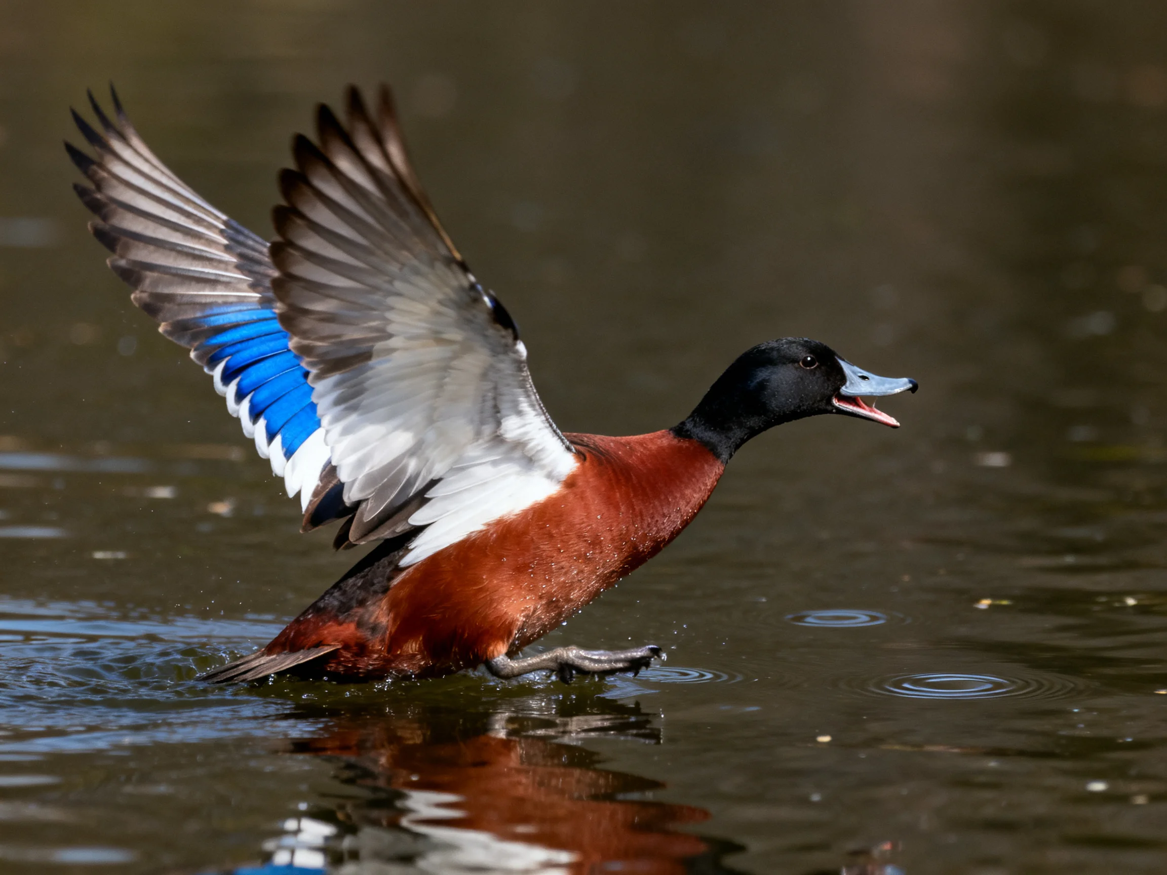 A duck with reddish-brown chest, black head, blue wing patches landing on water