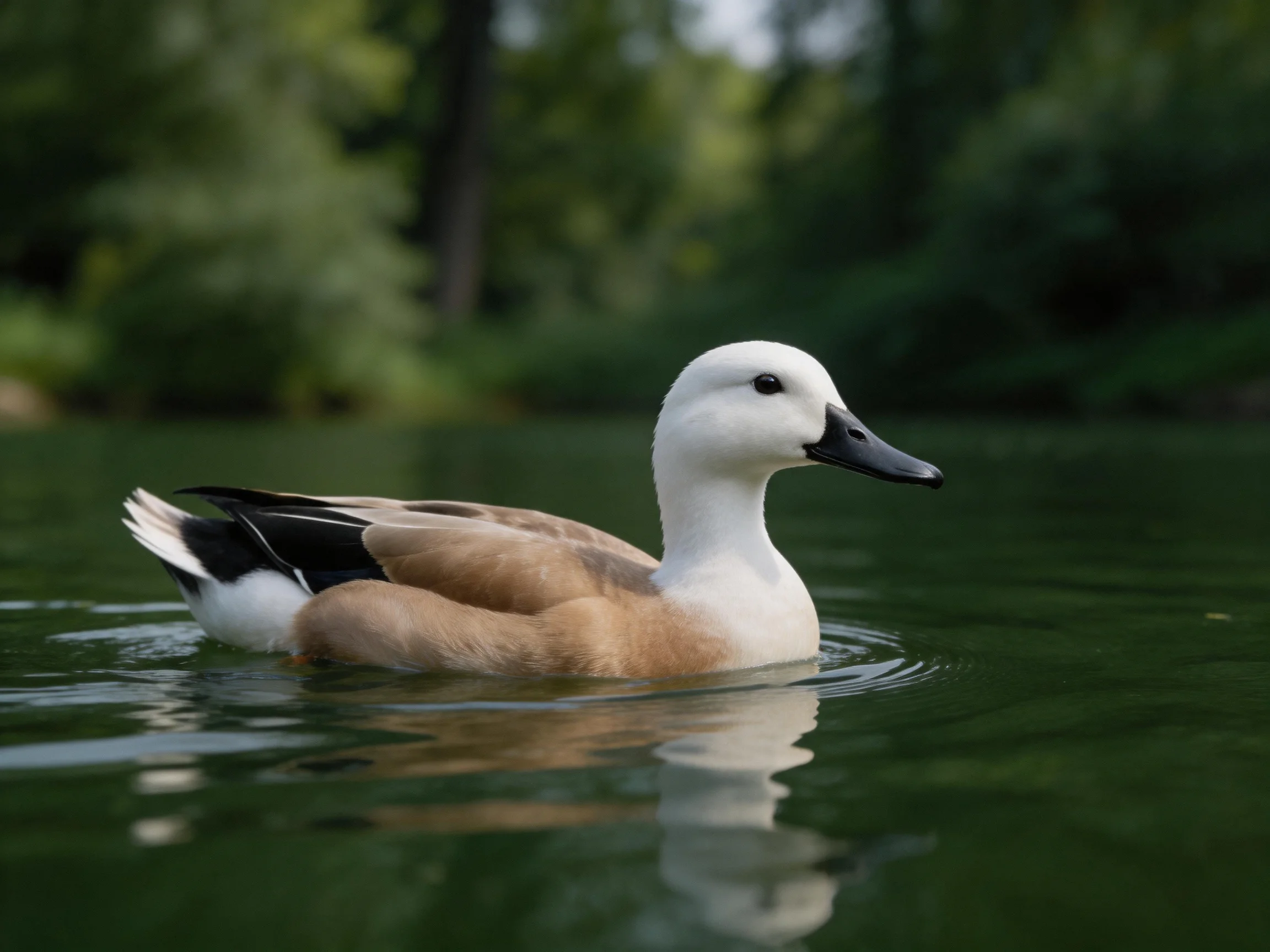 A duck with white head and brown body swims in calm green water near trees