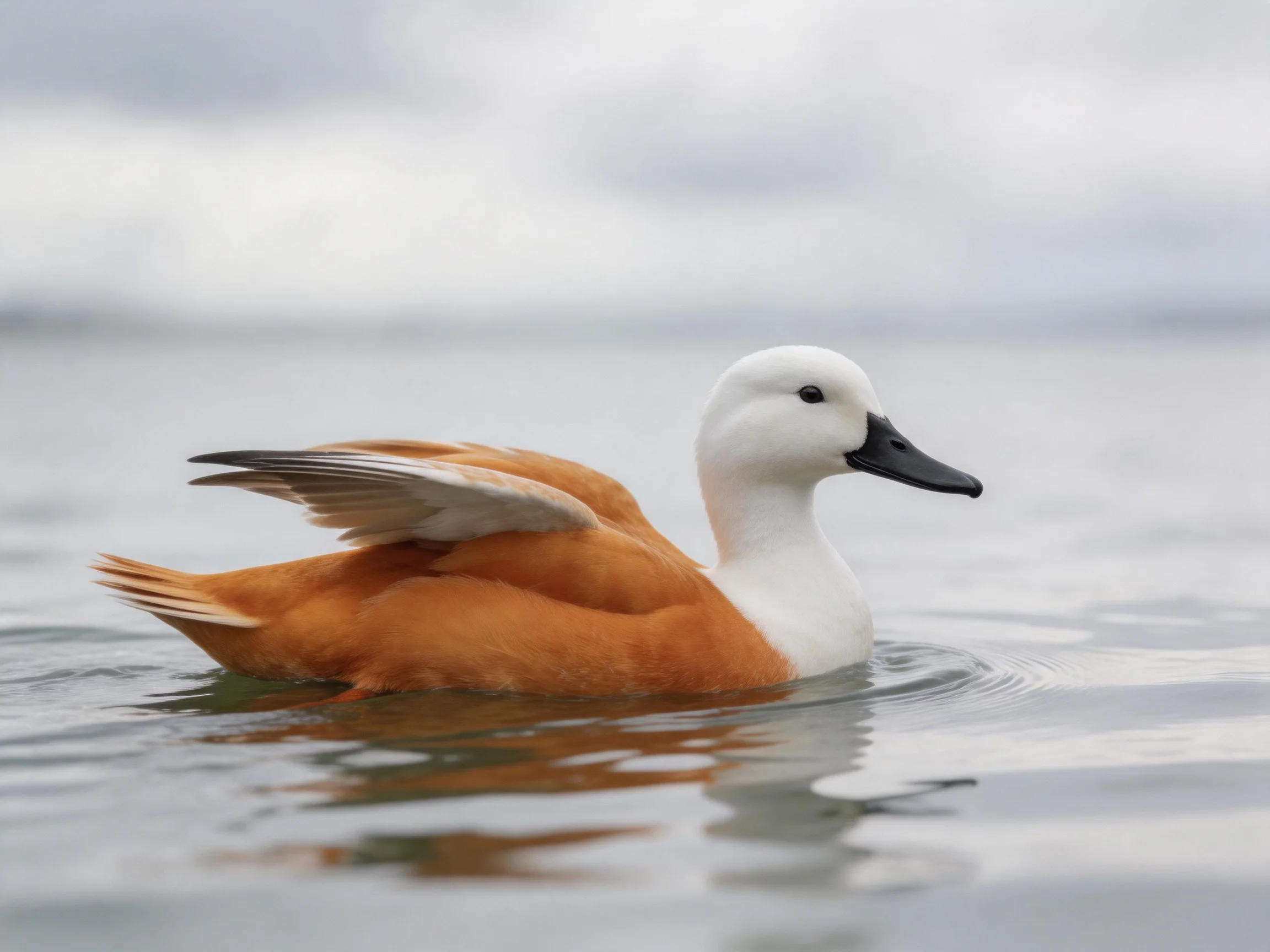 A duck with white head and brown plumage swims in calm water.