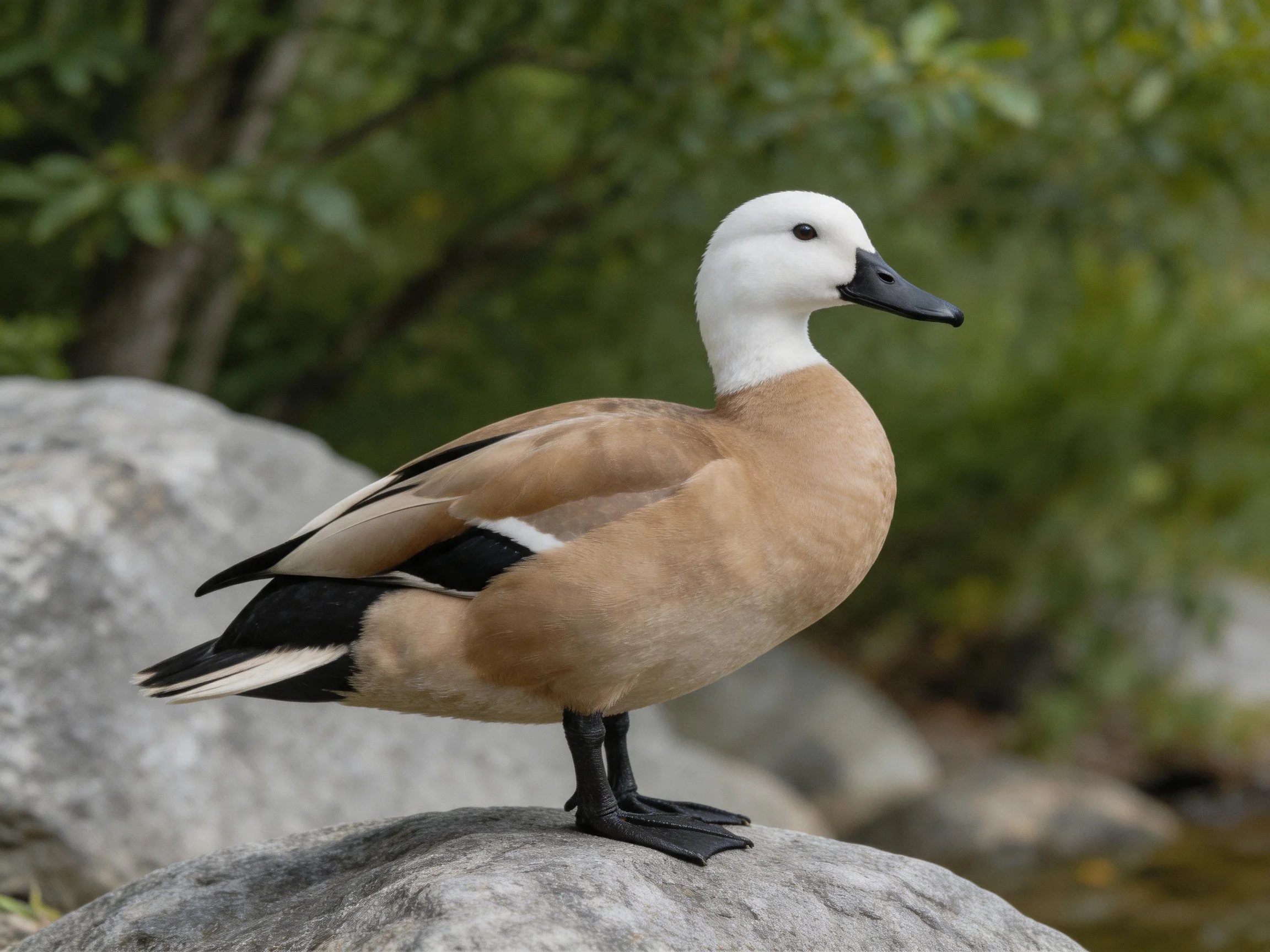 A duck with white head, brown feathers, perched on a gray rock