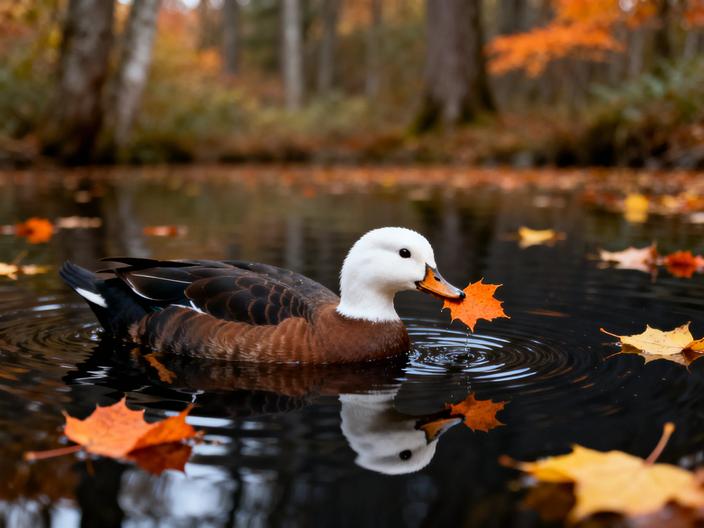 A duck with white head swims among autumn leaves in a forest pond