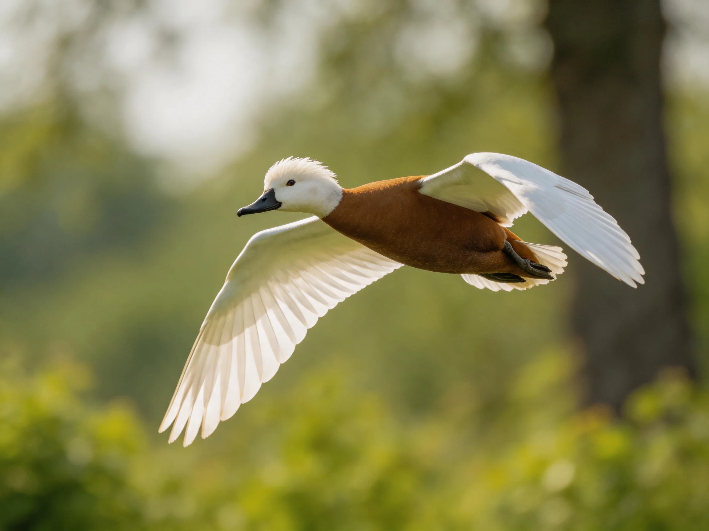 A duck with white wings glides over lush greenery