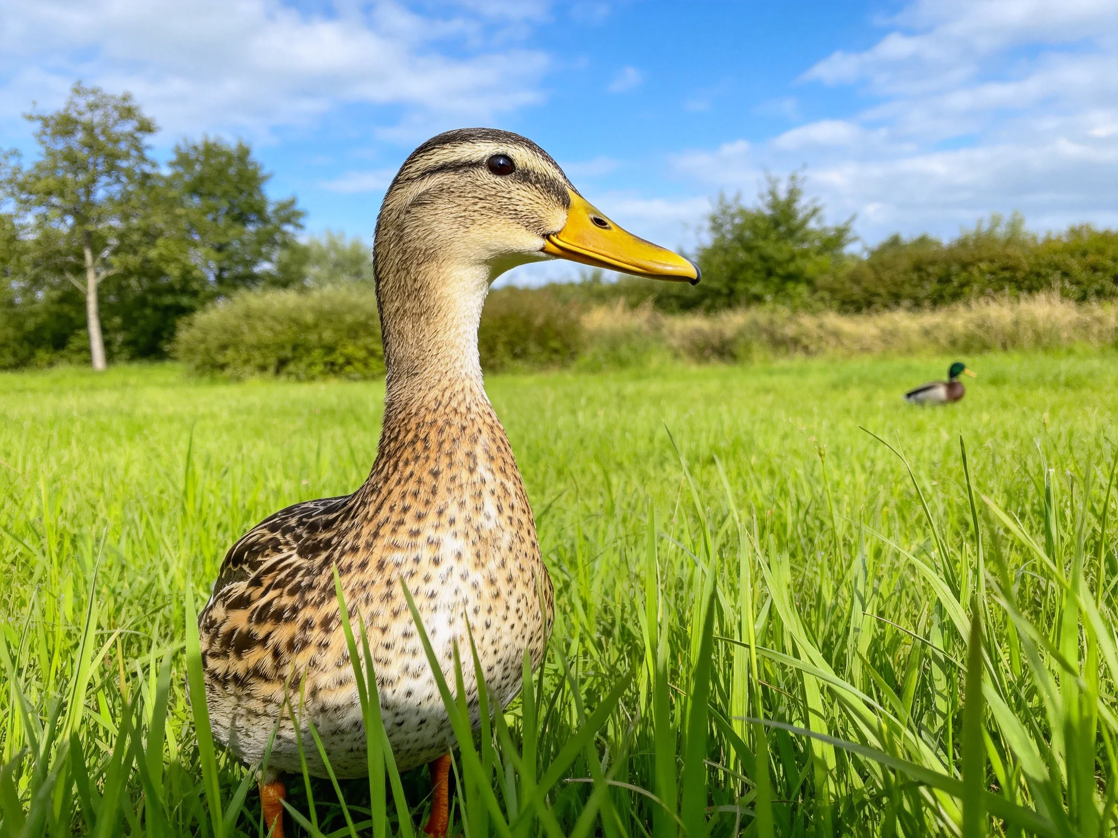 A duck with yellow beak in tall green grass, distant companion nearby