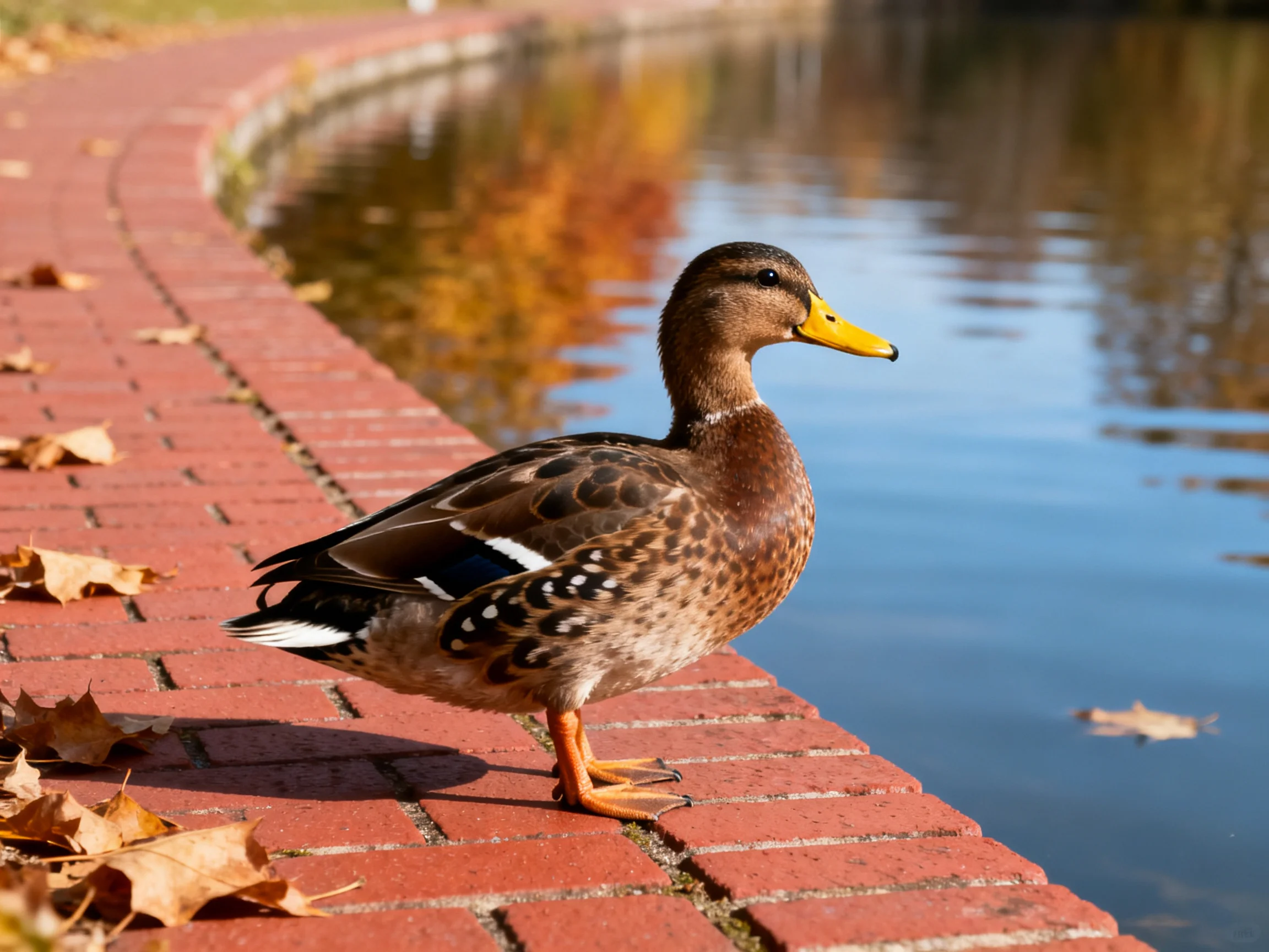 A duck with yellow beak stands on red brick path by calm water with autumn leaves