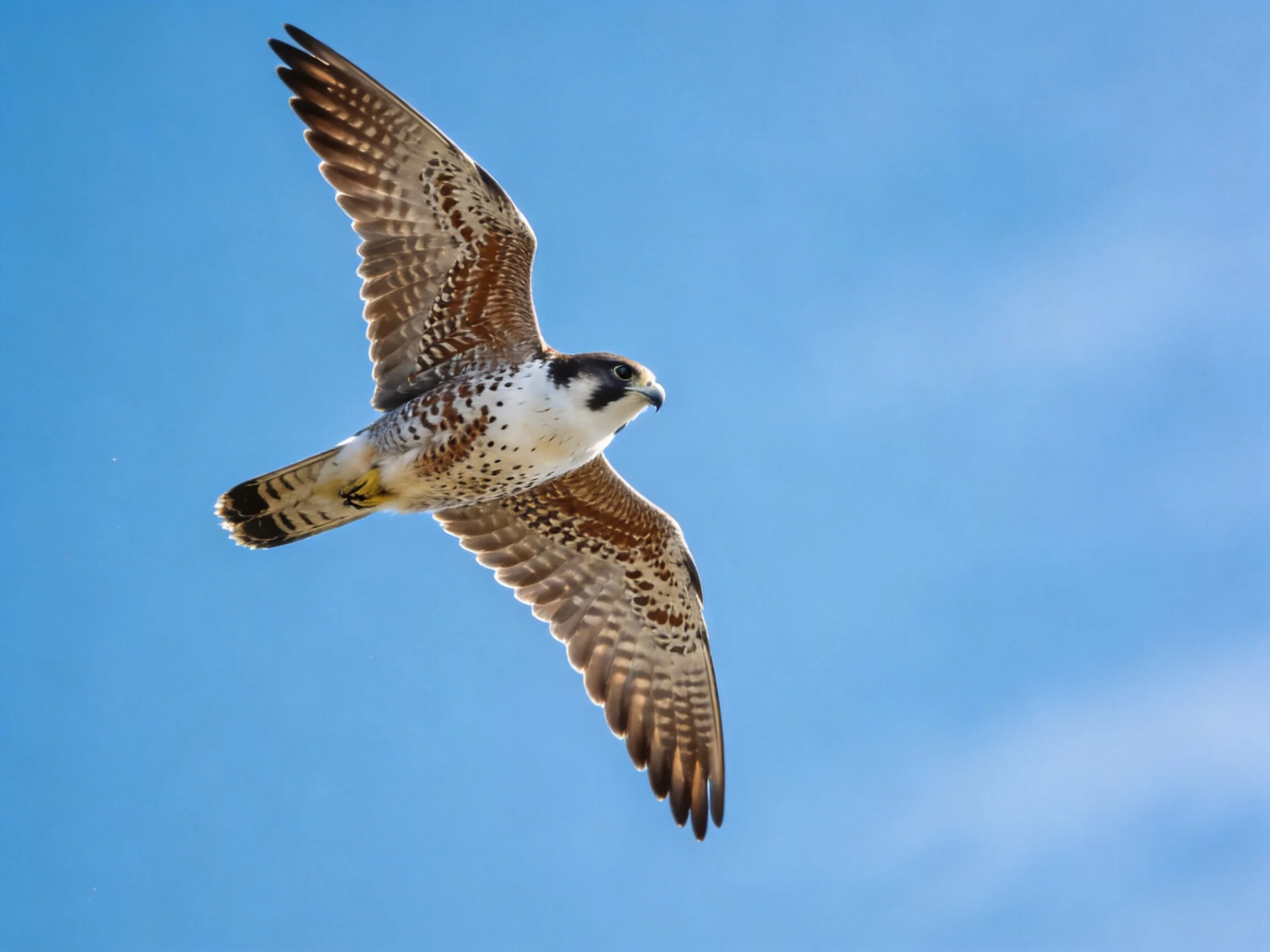 A falcon flies with extended wings against a clear blue sky