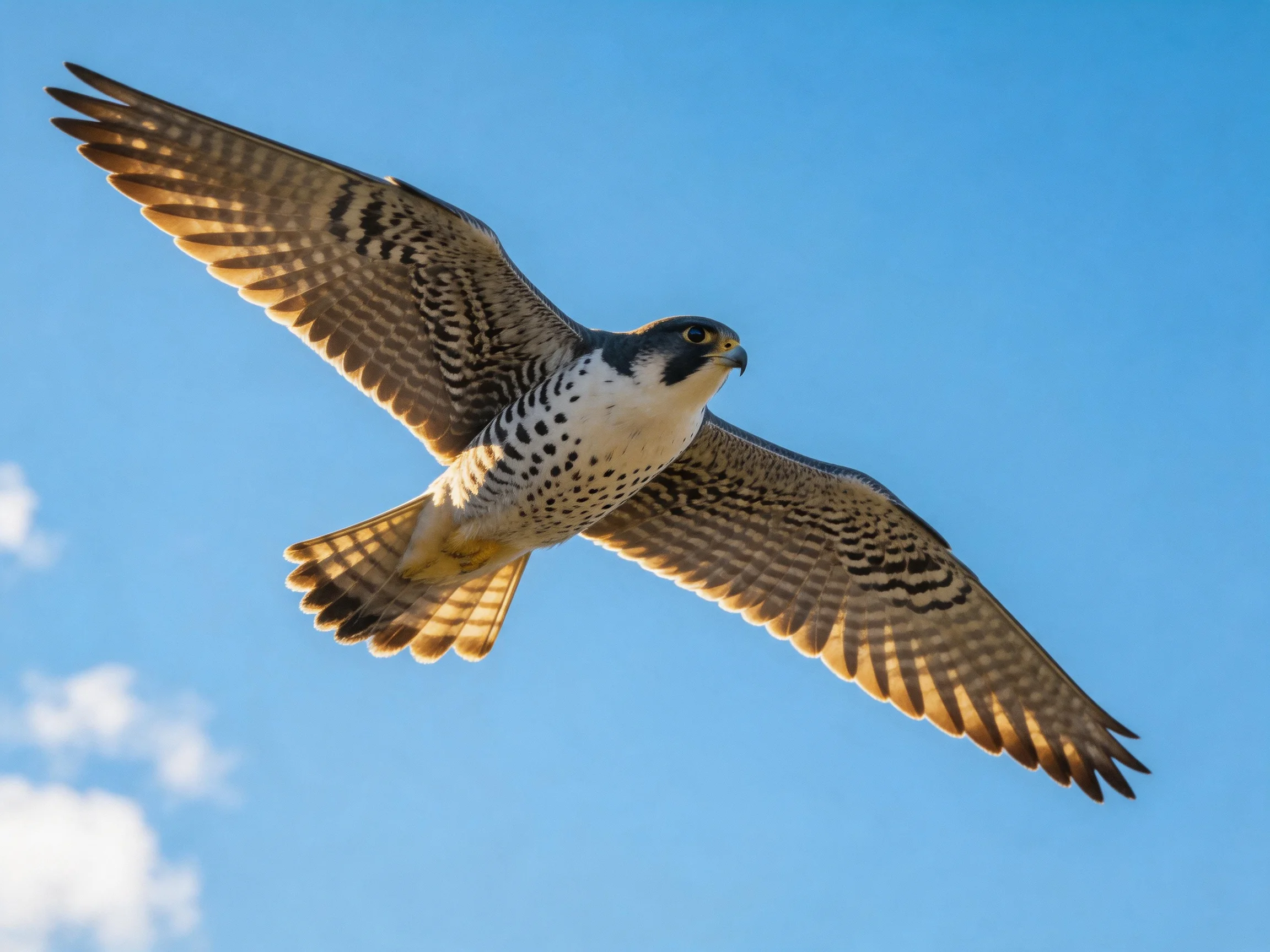 A falcon flies with wings fully extended over clear blue sky