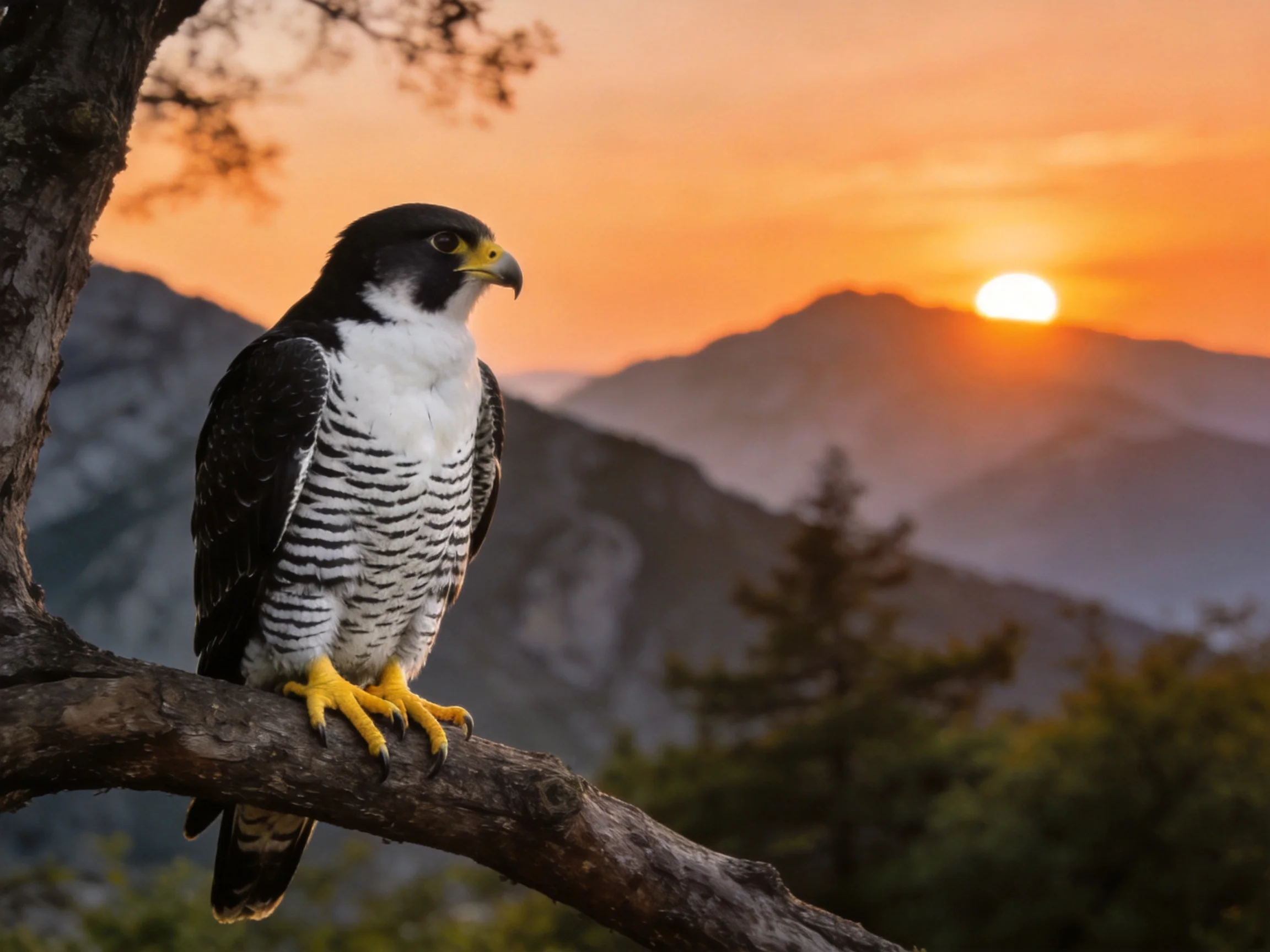 A falcon perched on a gnarled tree branch amid a sunset mountain landscape