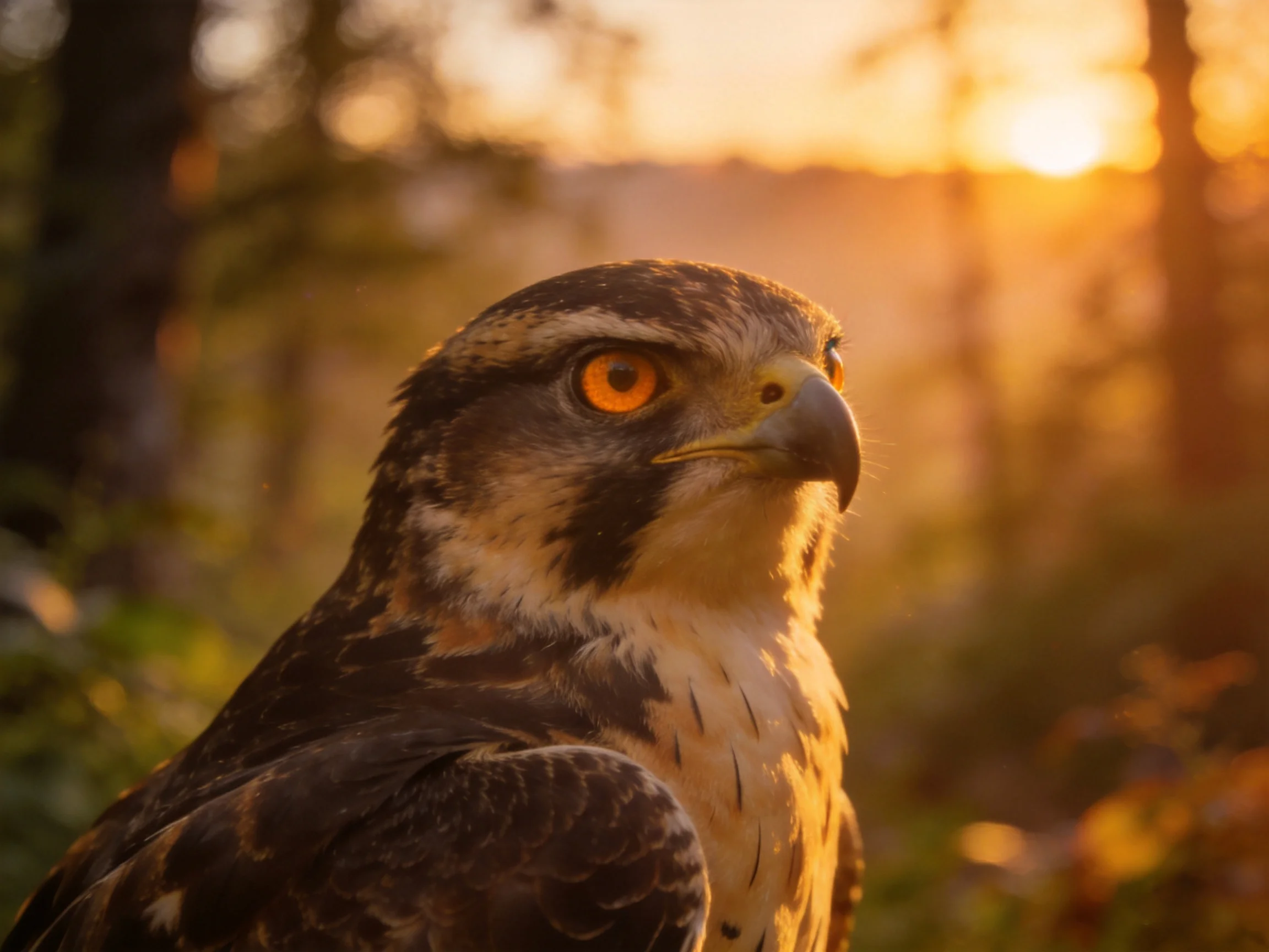 A falcon with bright orange eyes amid golden forest sunset