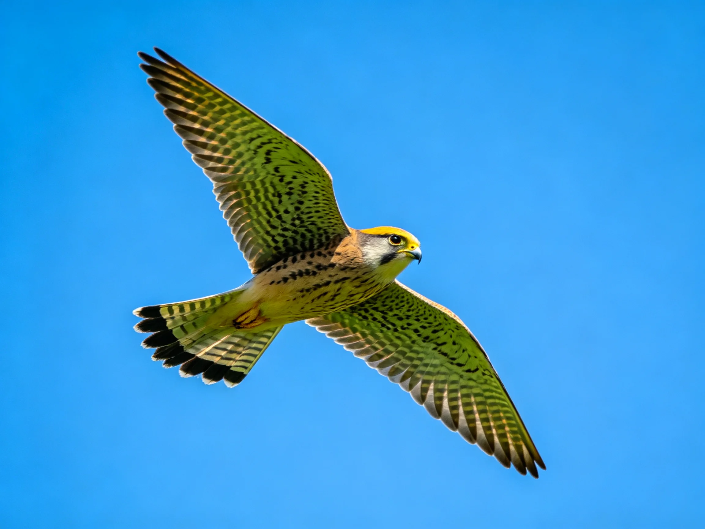A falcon with green patterned wings flies through clear blue sky