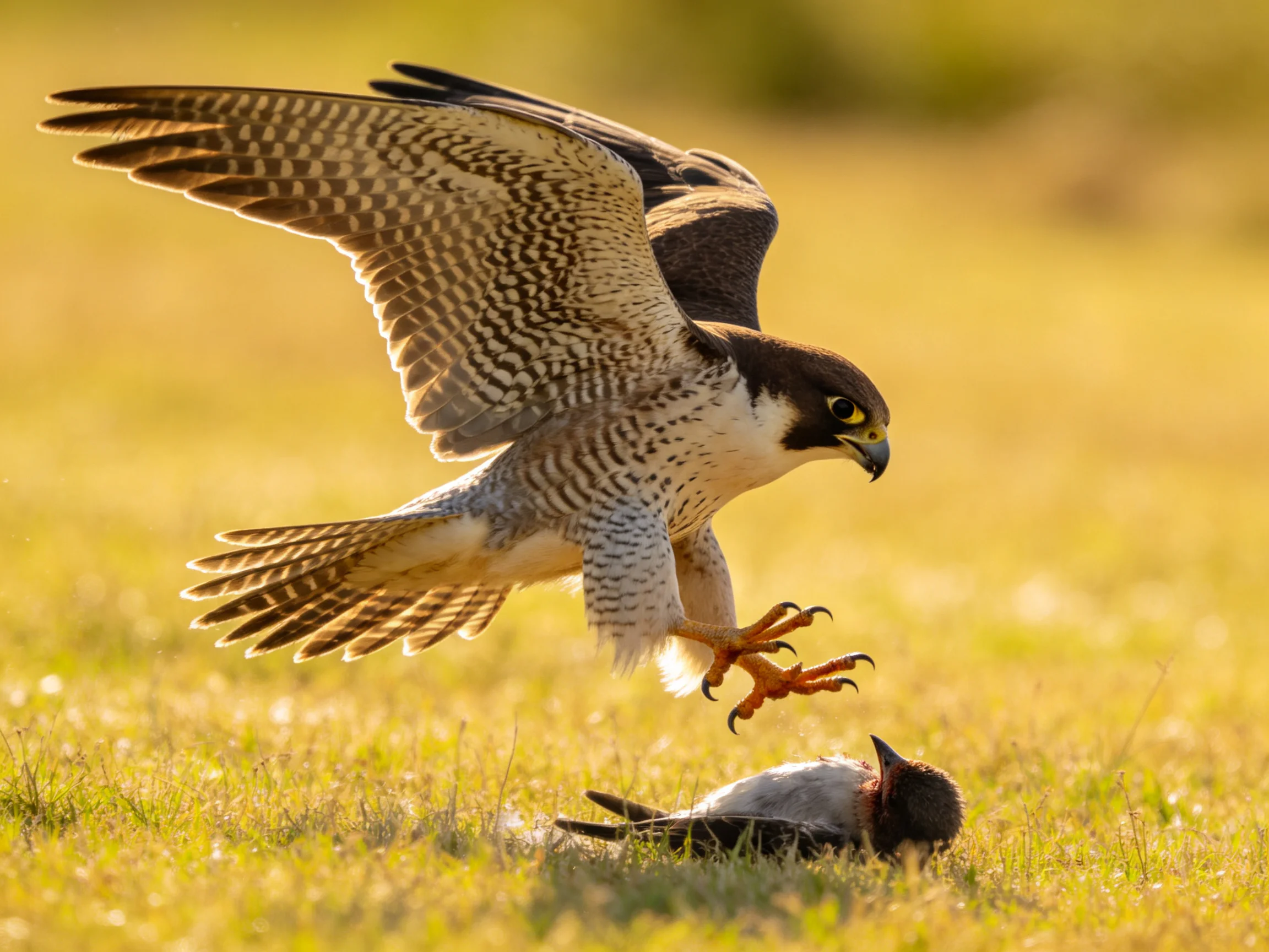 A falcon with patterned wings lands near prey on grass