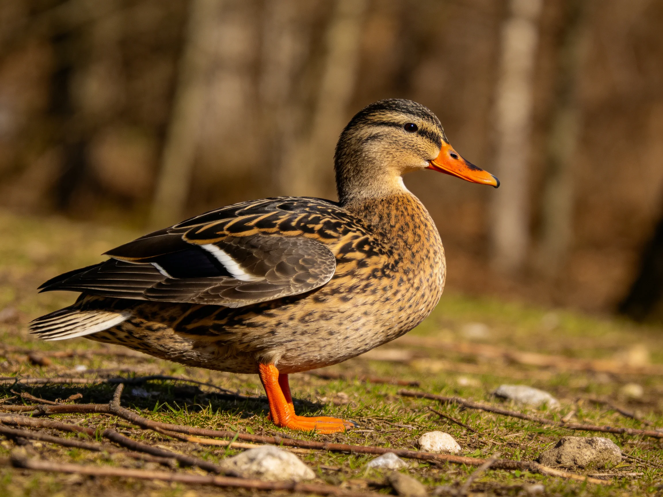A female mallard duck stands on mossy ground amid natural elements.