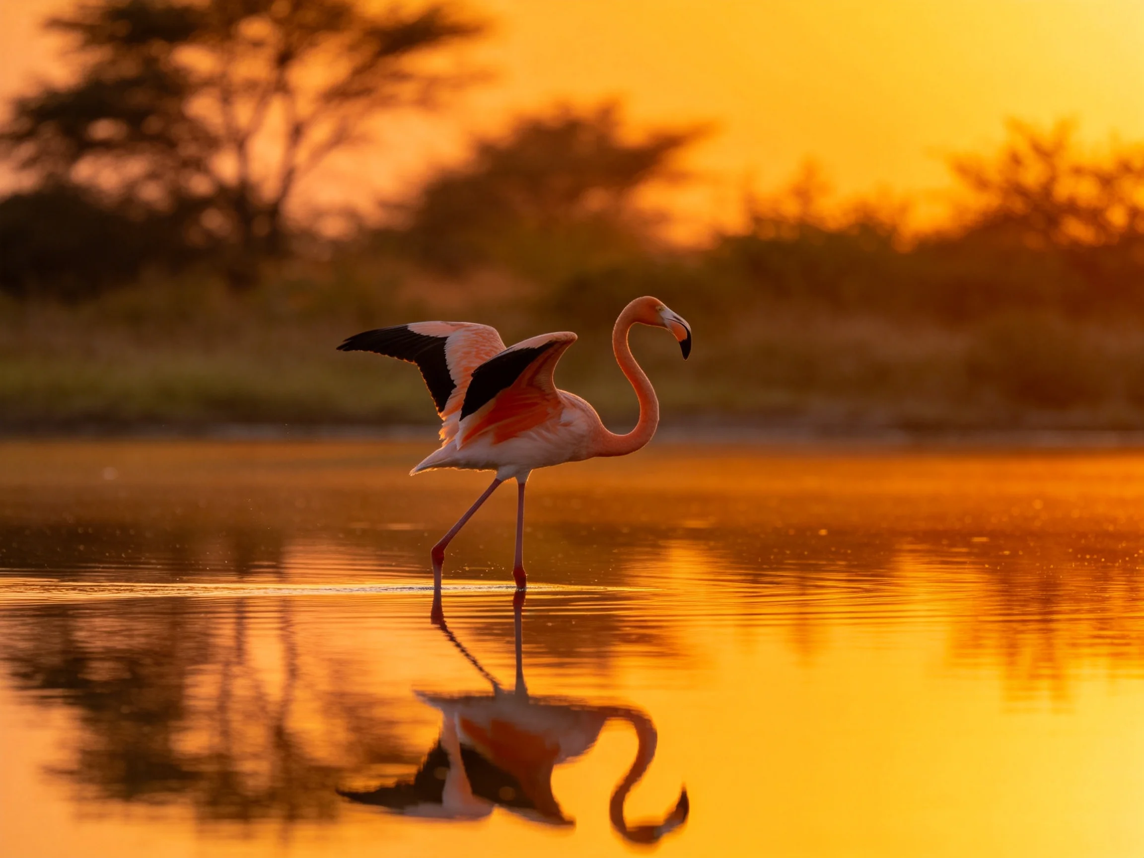 A flamingo wades in golden-hued water atsunset