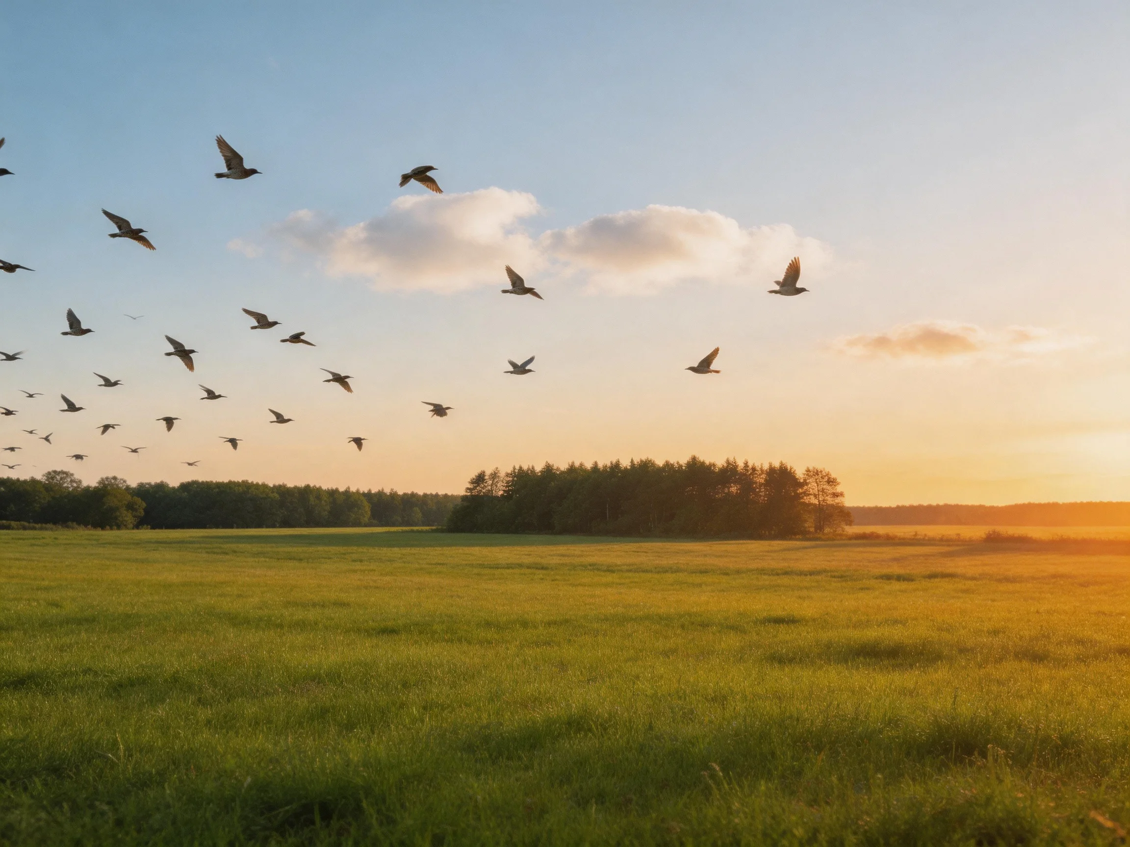 A flock of birds flies over a vast green field at sunset