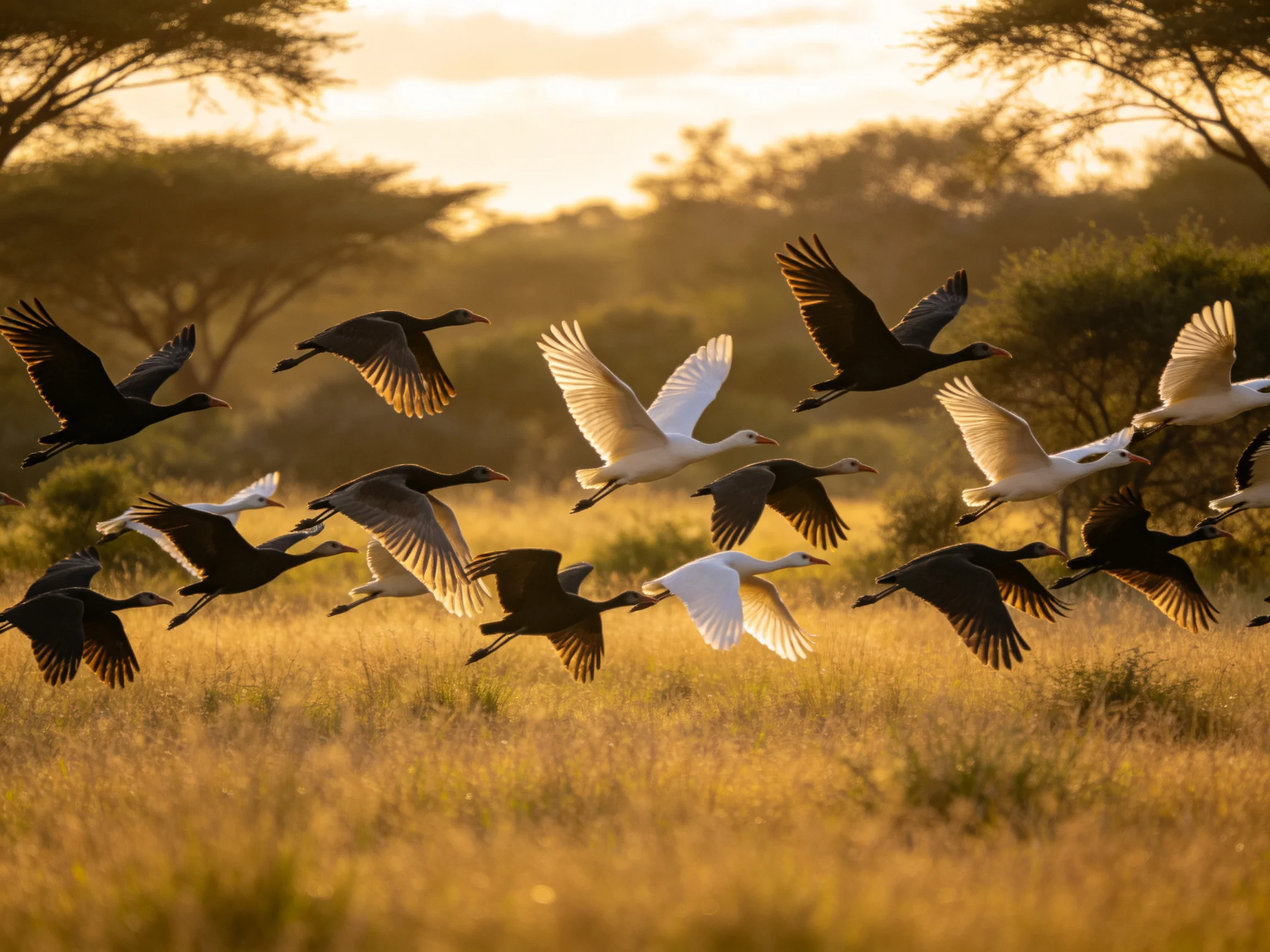 A flock of black and white birds flying over golden savannah