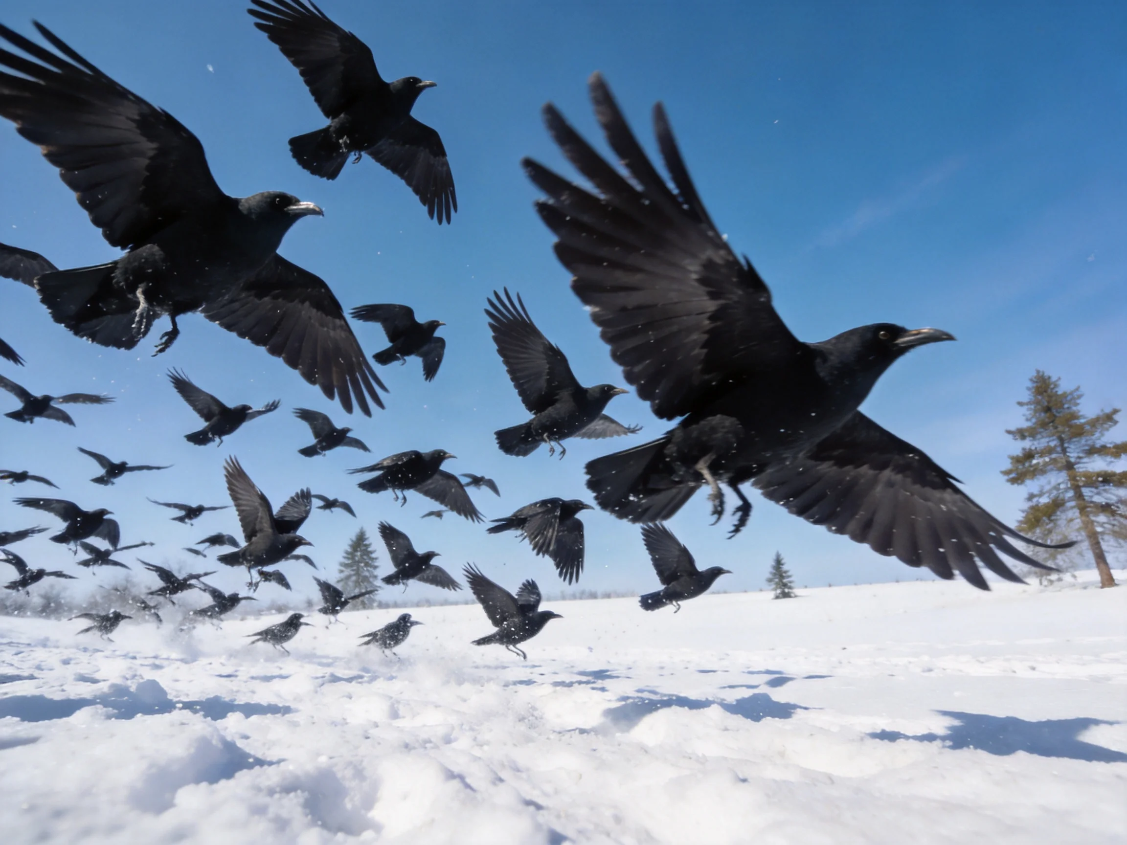 A flock of black crows soars over a snowy landscape