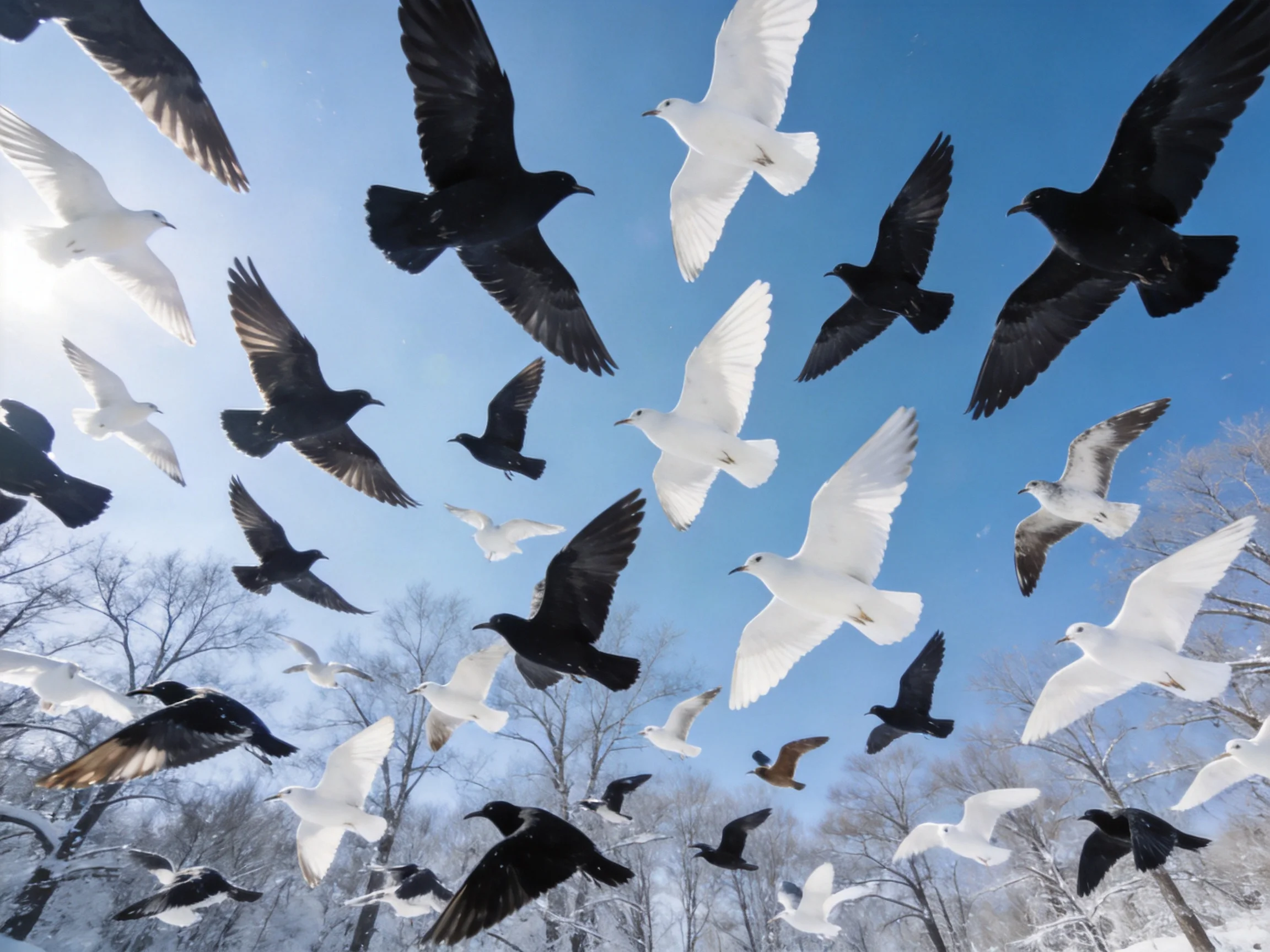 A flock of blackand white birds soaring over snowy trees