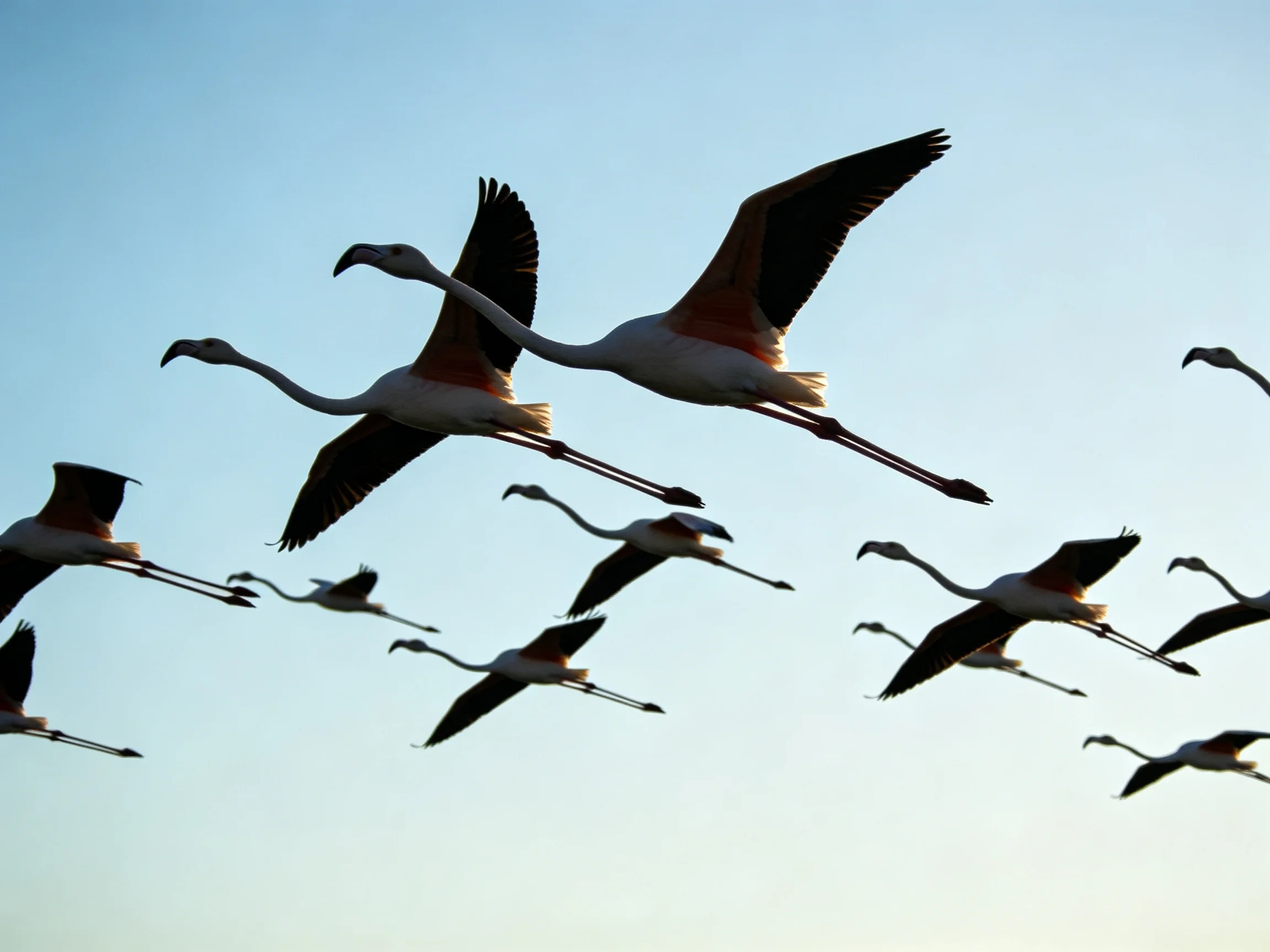 A flock of flamingos flies through clear blue sky