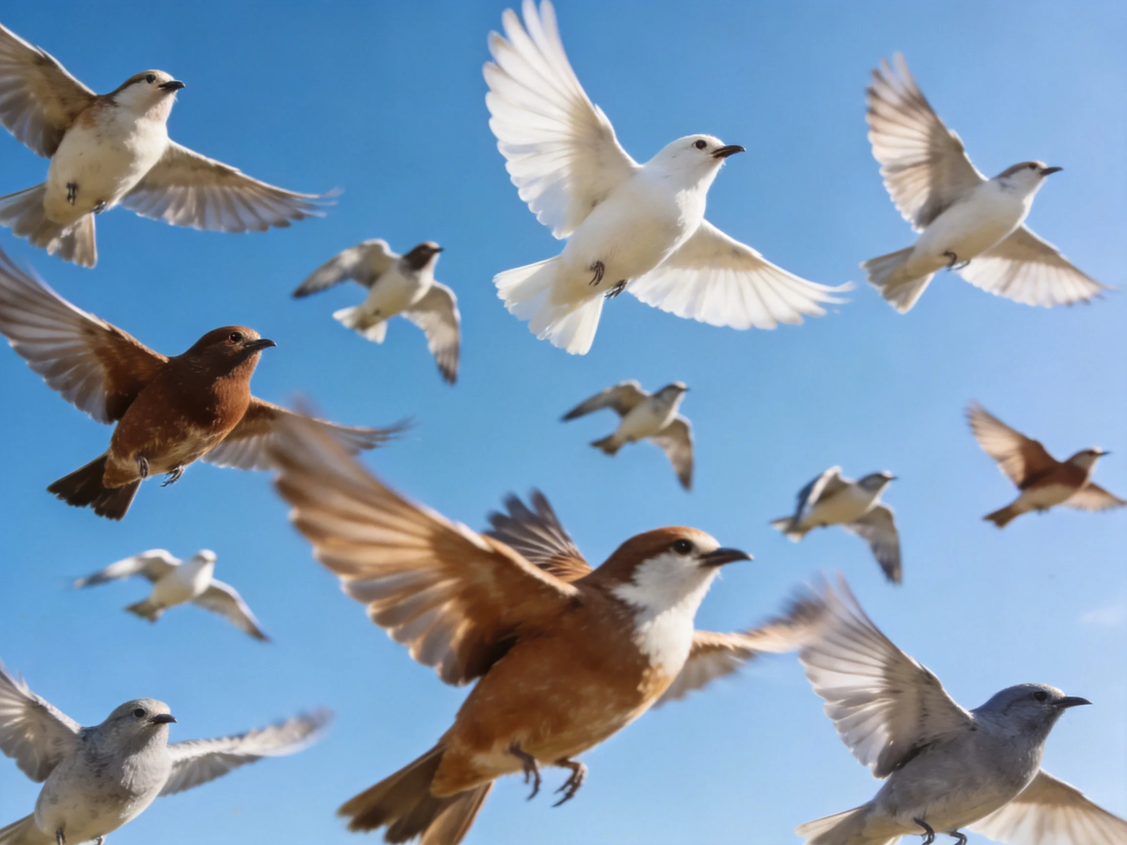 A flock of multi-colored birds soaring in clear blue sky