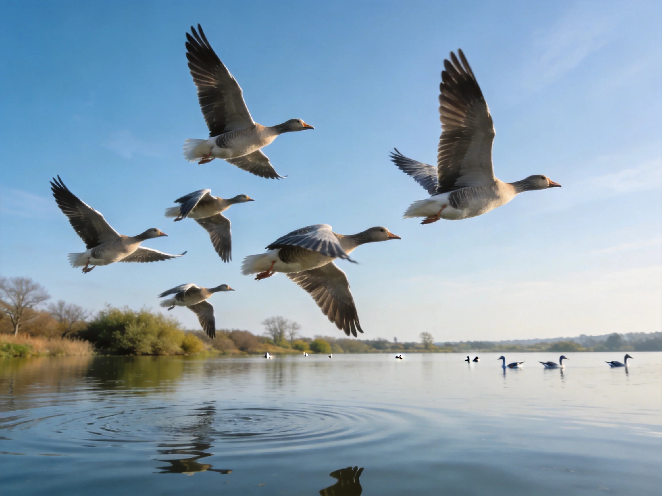 A flock of seven geese flies over calm water with swans nearby