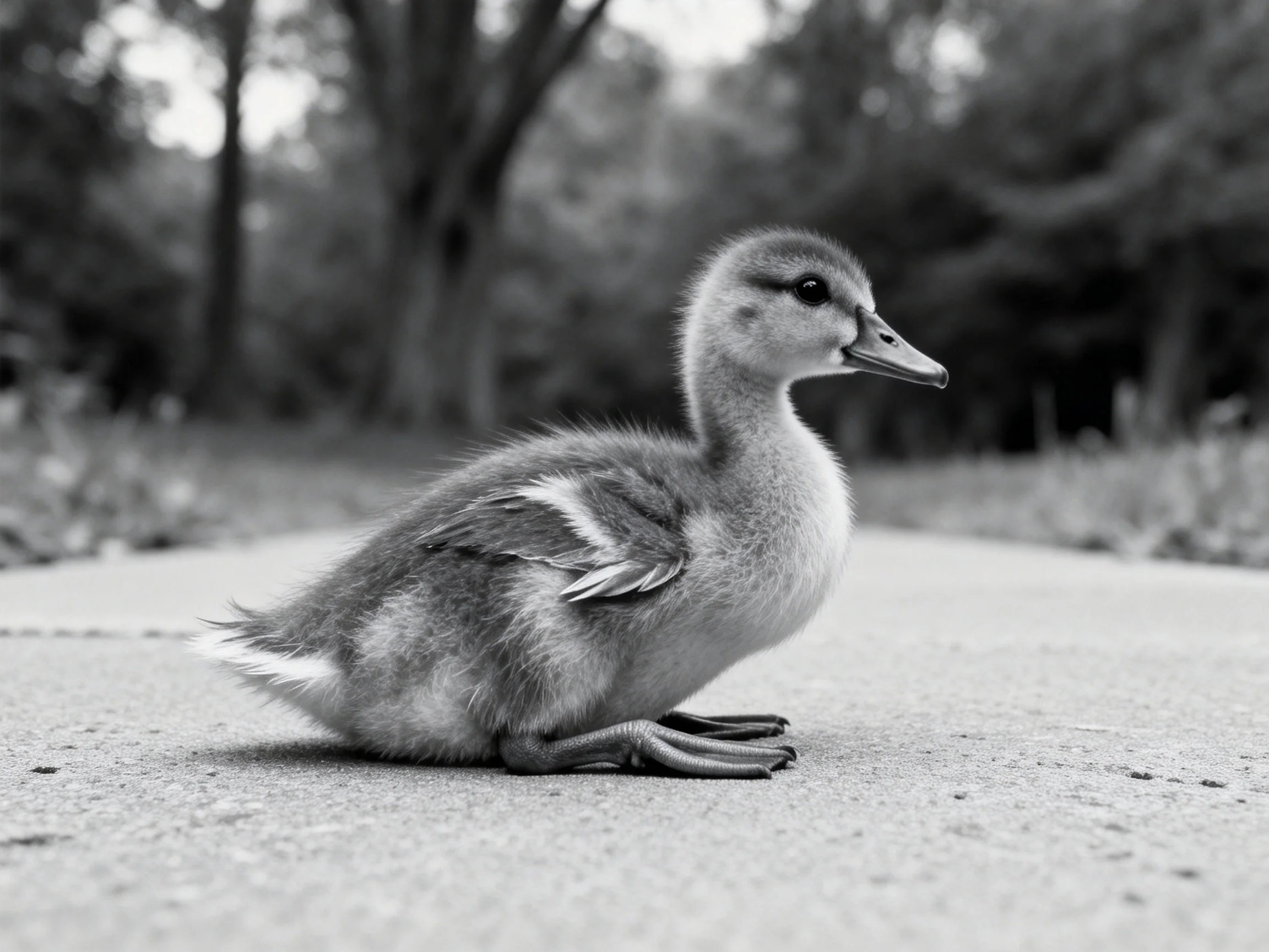 A fluffy baby duckling resting on a paved path near trees