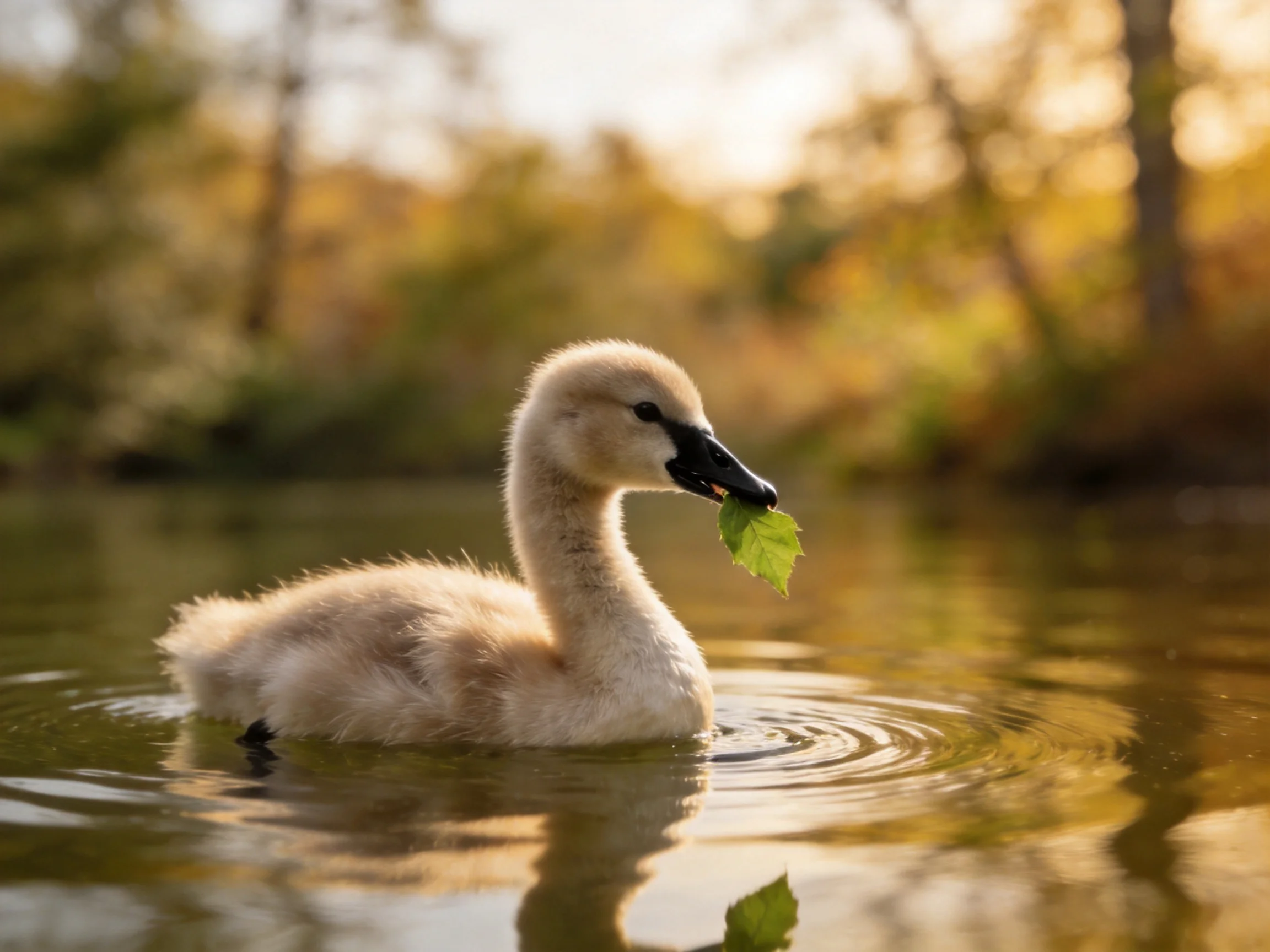 A fluffy baby swan swims in golden water with a leaf