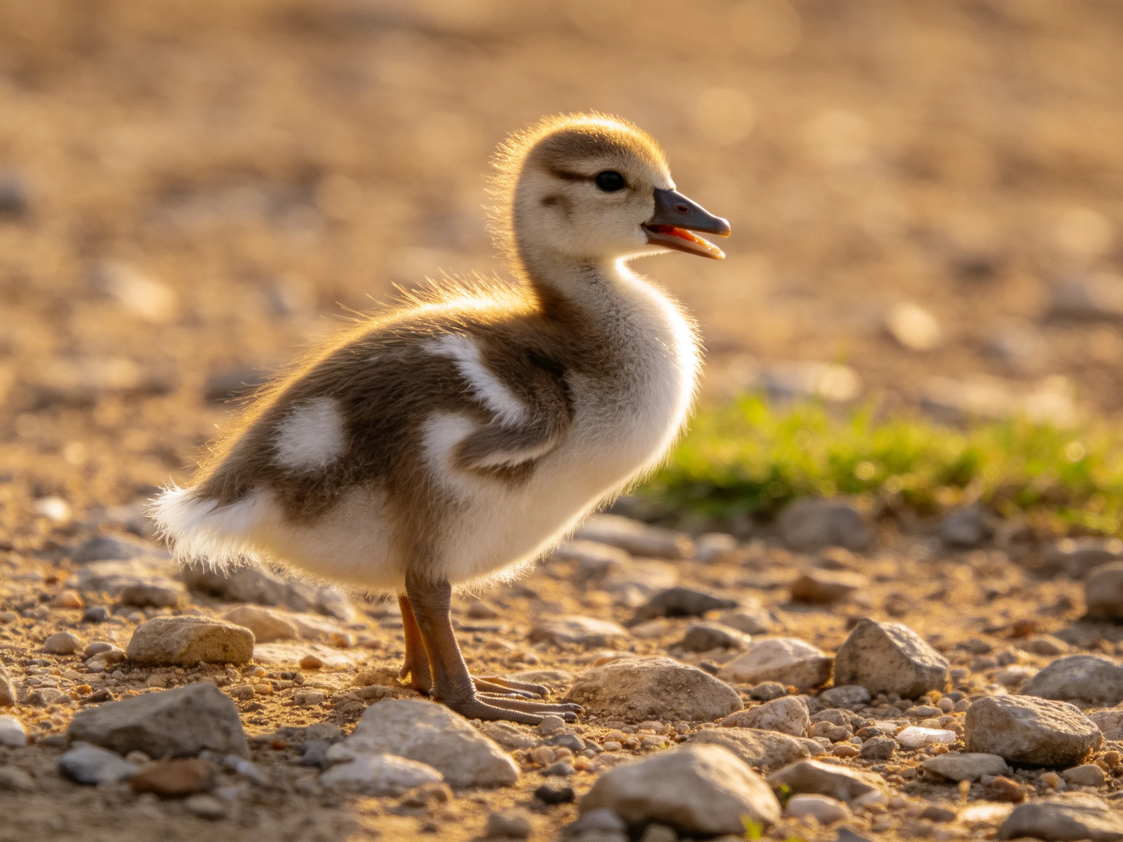A fluffy brown-and-white chick stands on rocky terrain under golden light