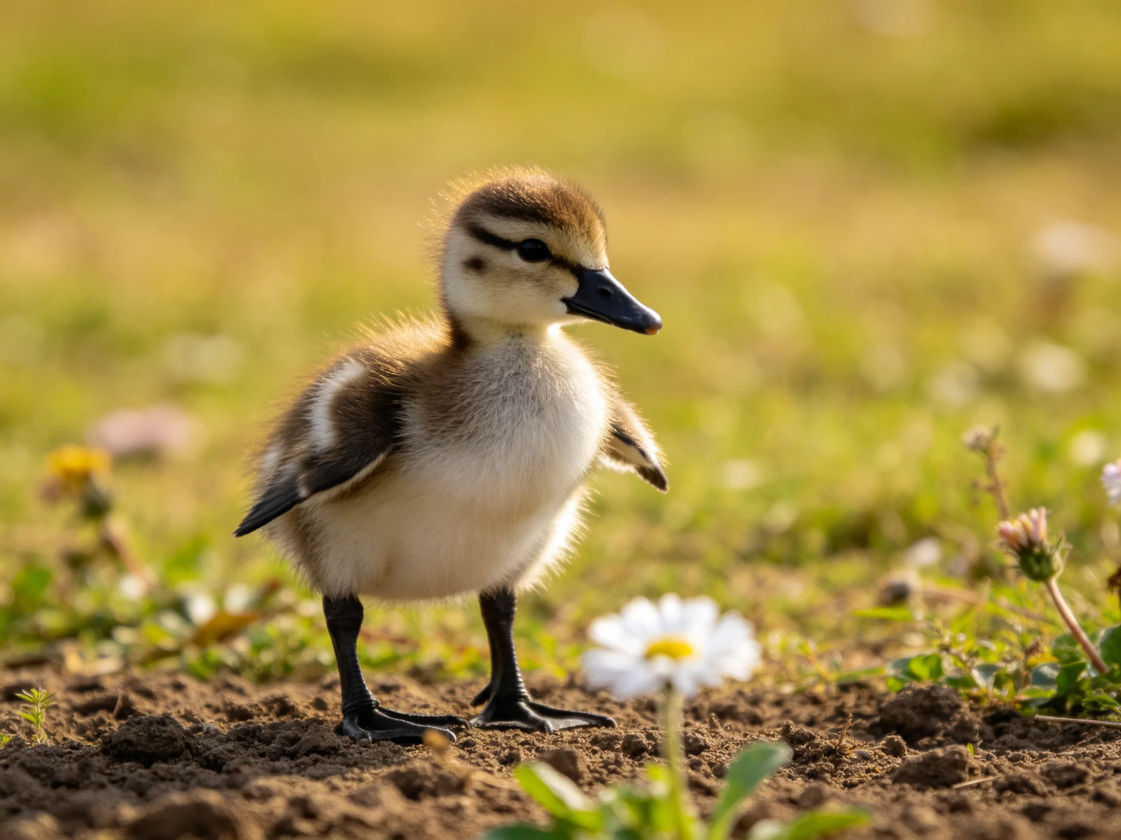 A fluffy brown and white duckling stands among wildflowers on earthy ground