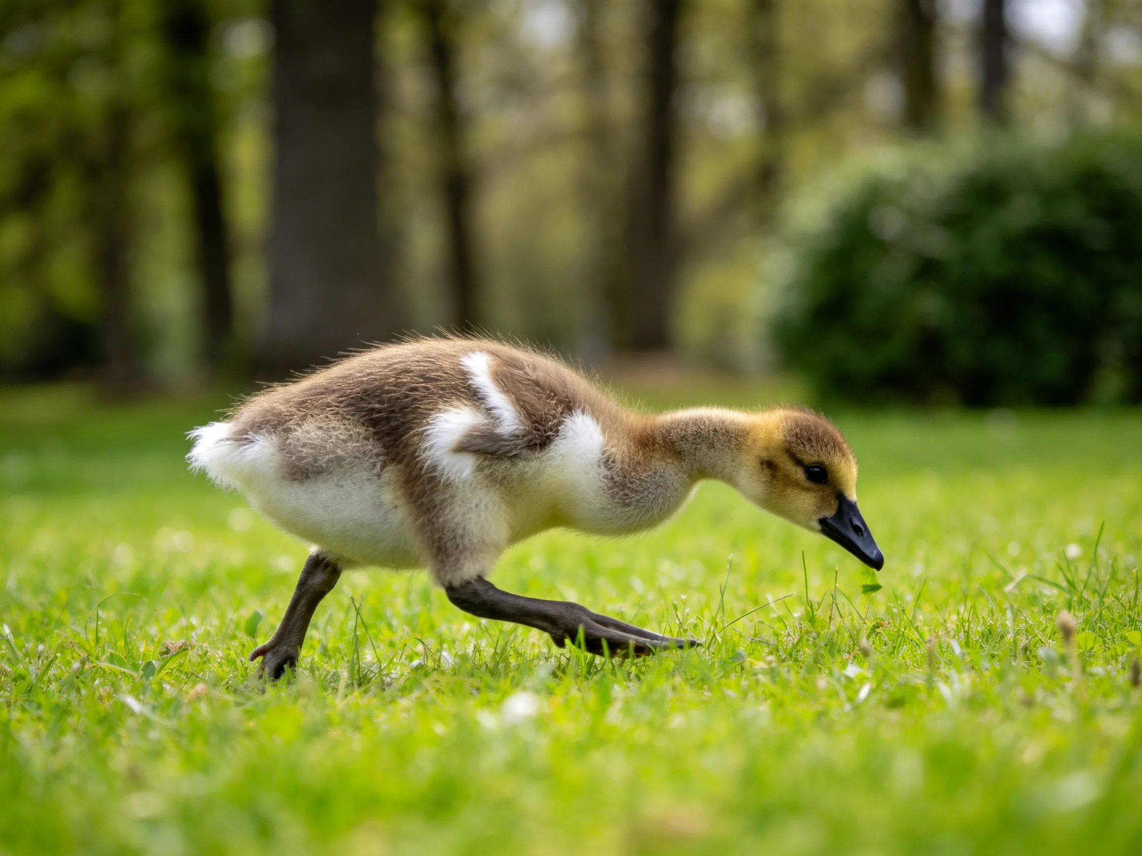 A fluffy brown and white gosling forages on vibrant green grass