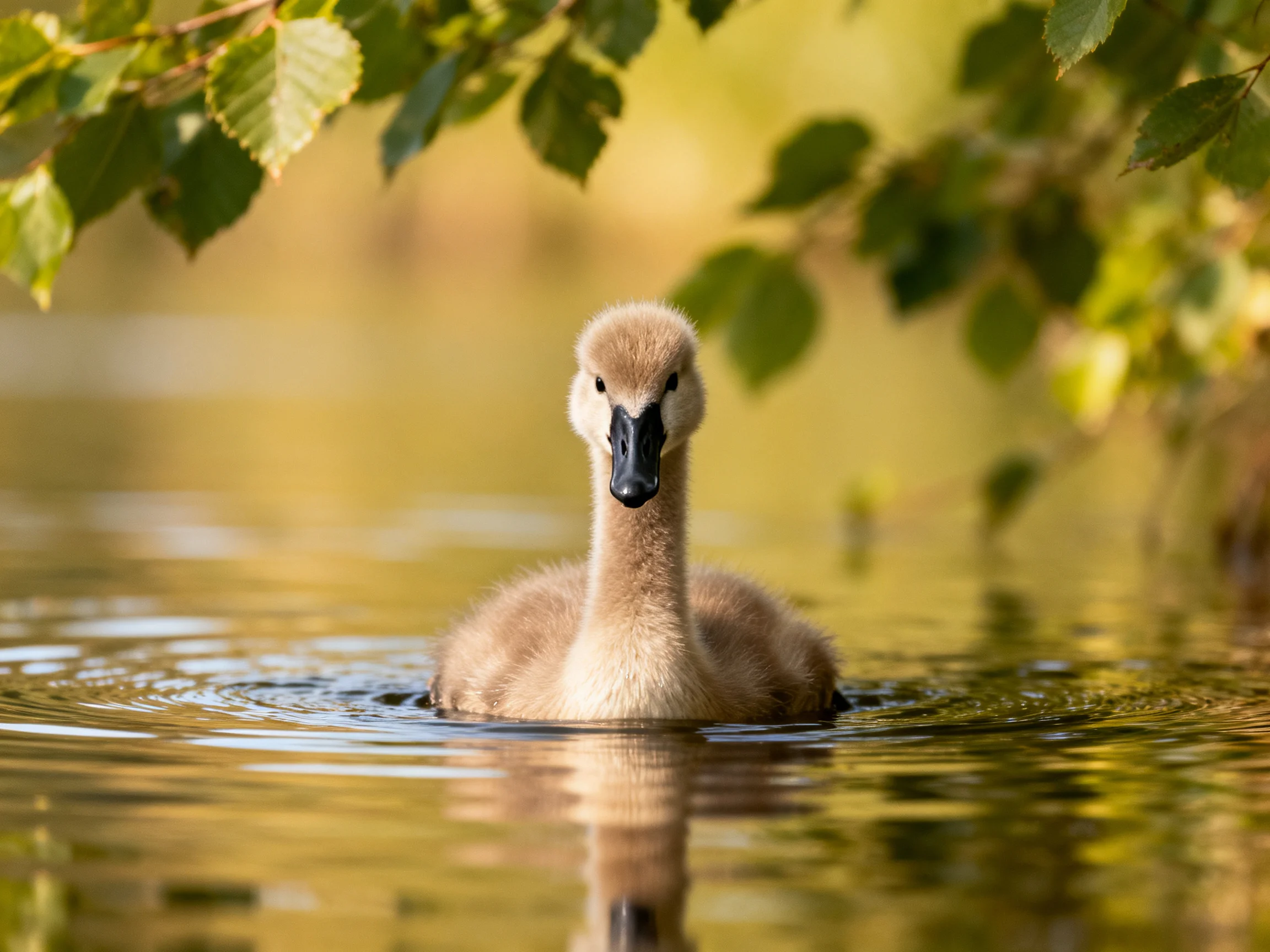 A fluffy brown cygnet swims in calm water under green foliage