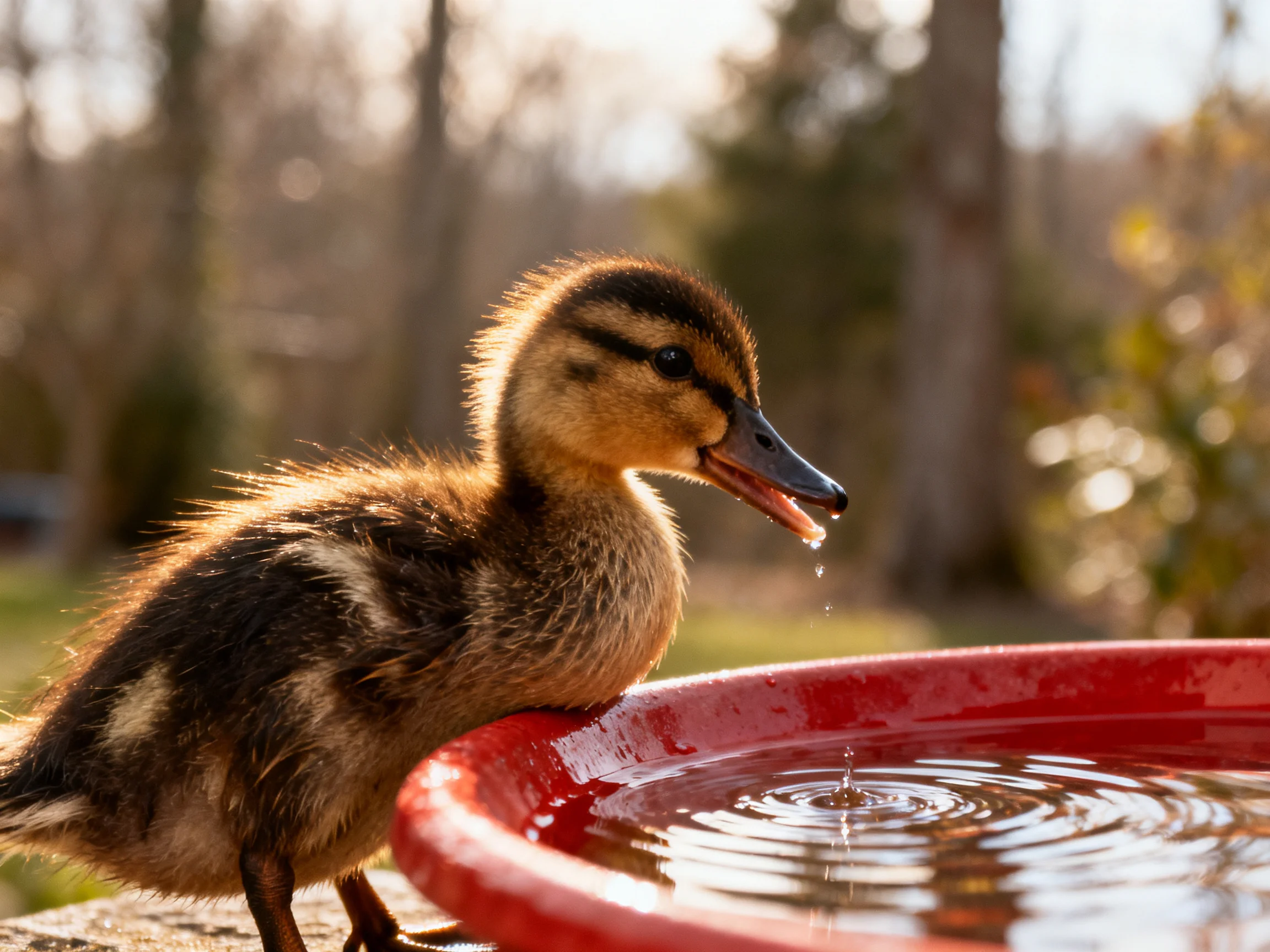 A fluffy brown duckling drinking from a bright red water dish