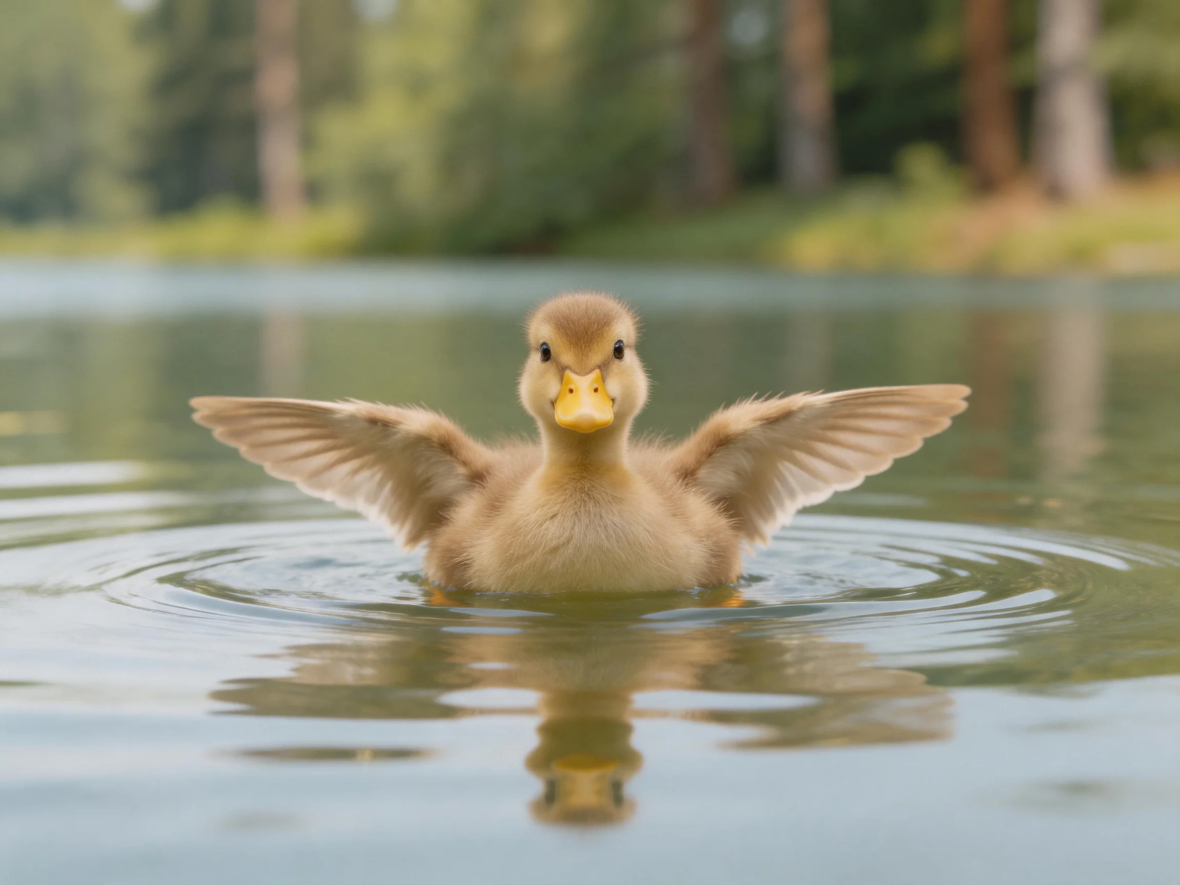 A fluffy brown duckling swimming with outstretched wings