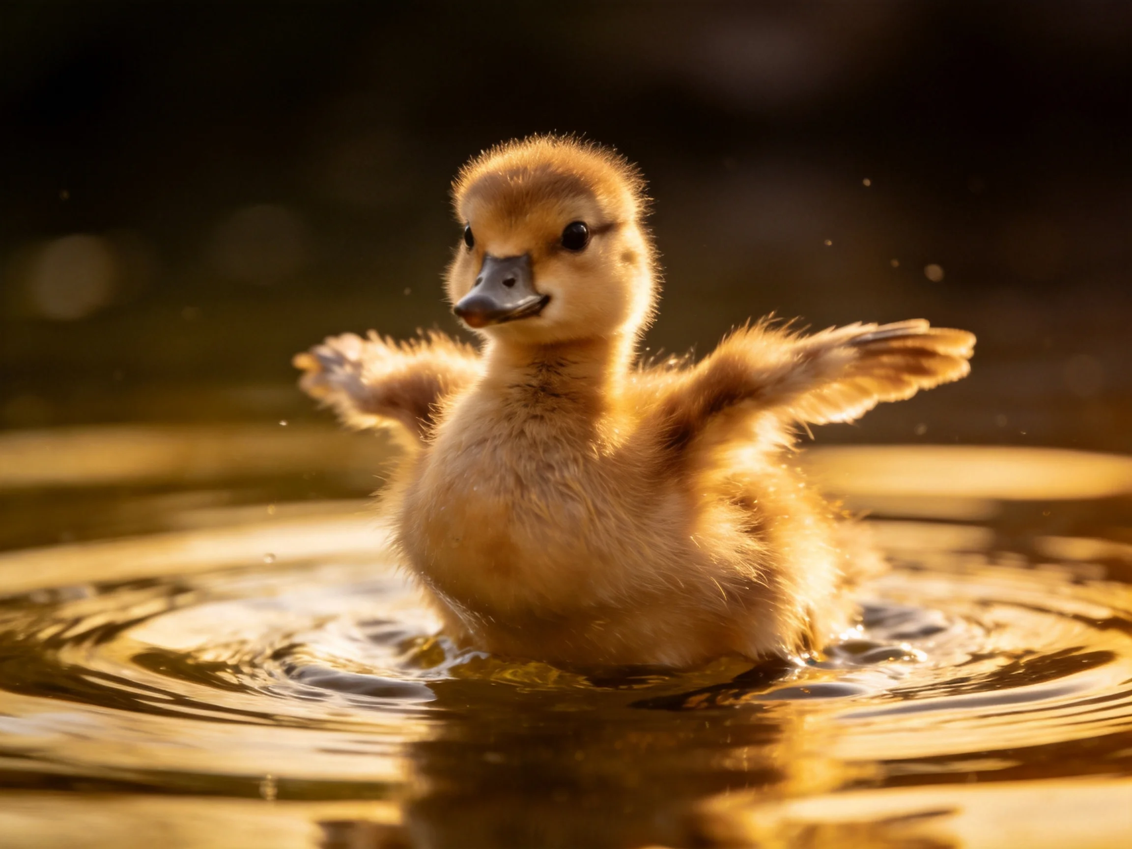 A fluffy brown duckling swims in golden-hued water