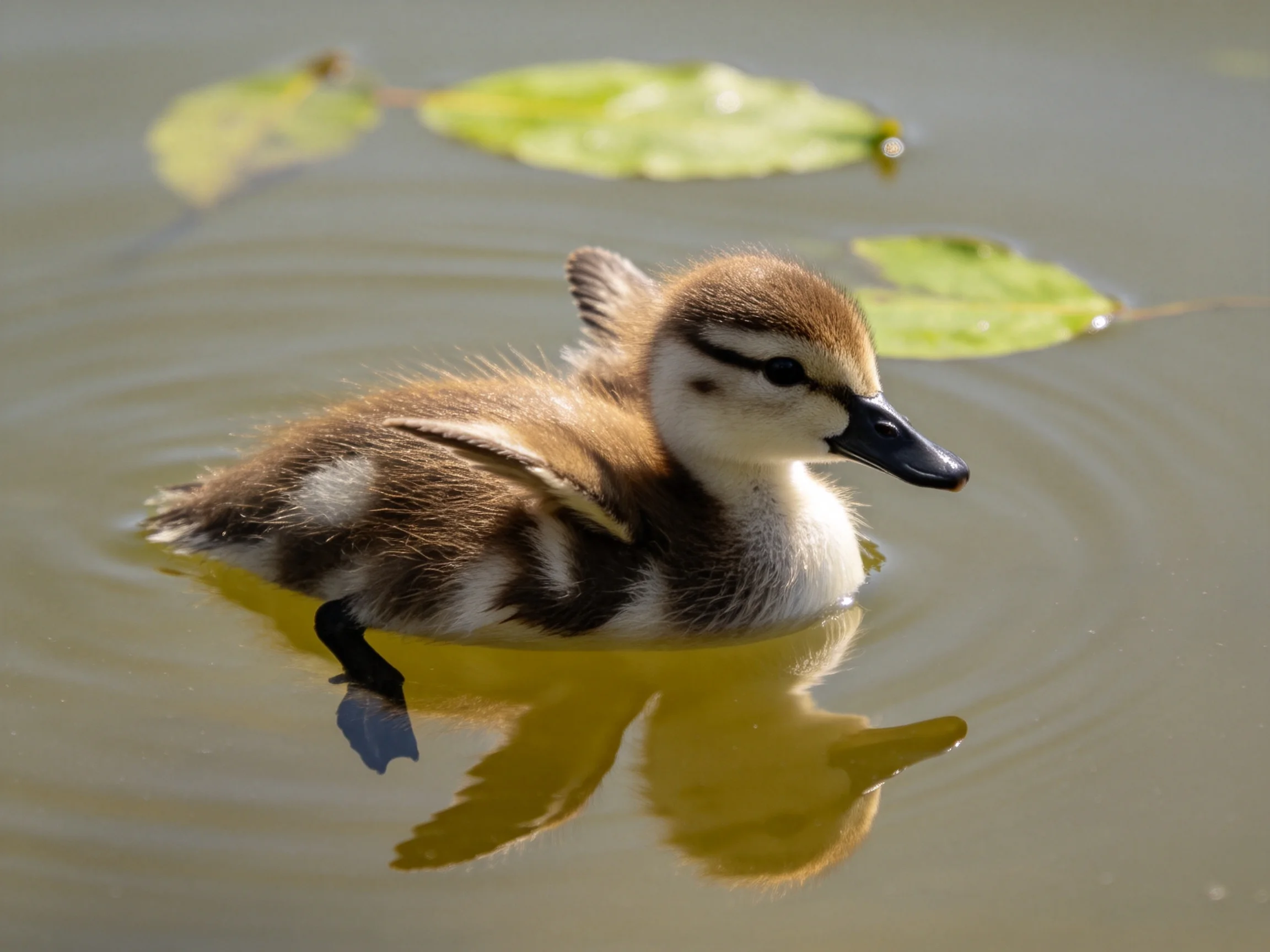 A fluffy brown duckling swims near green lily pads