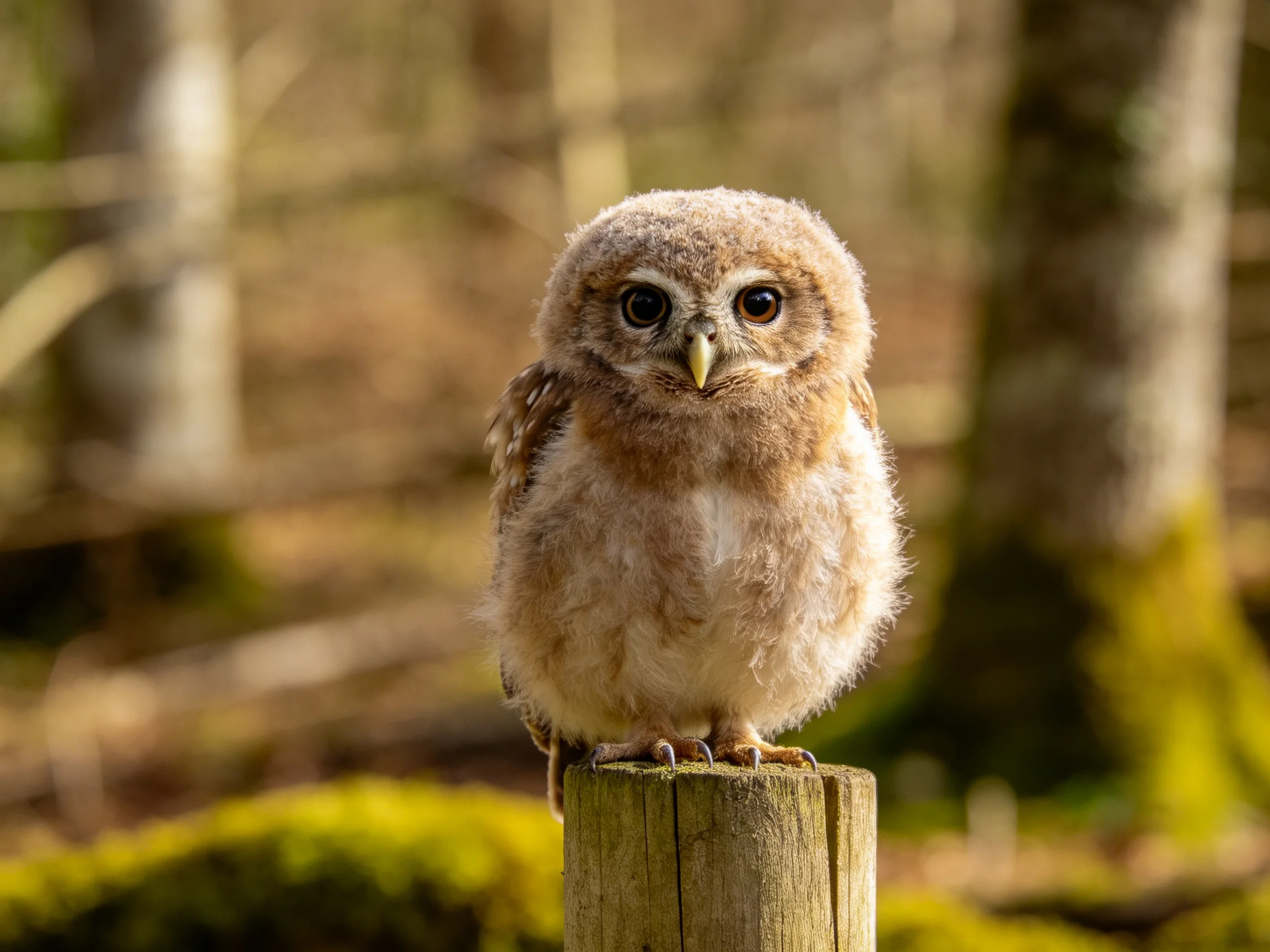 A fluffy brown owl perched on a wooden post in a sunlit forest