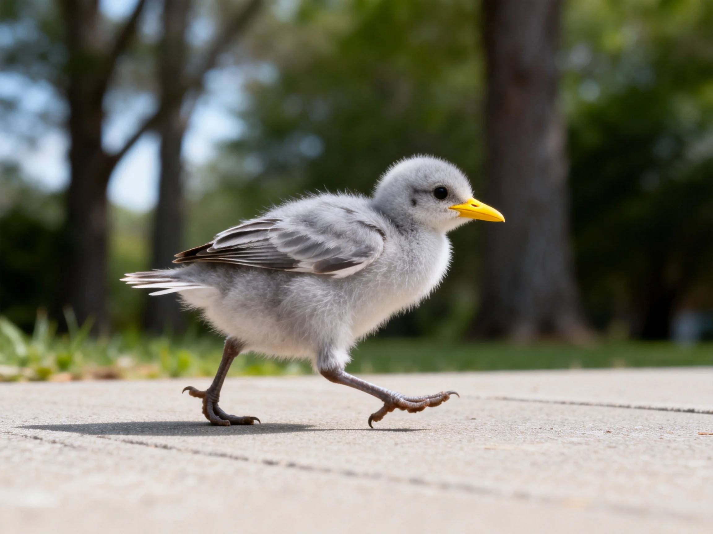 A fluffy gray baby bird with a bright yellow beak walks outdoors