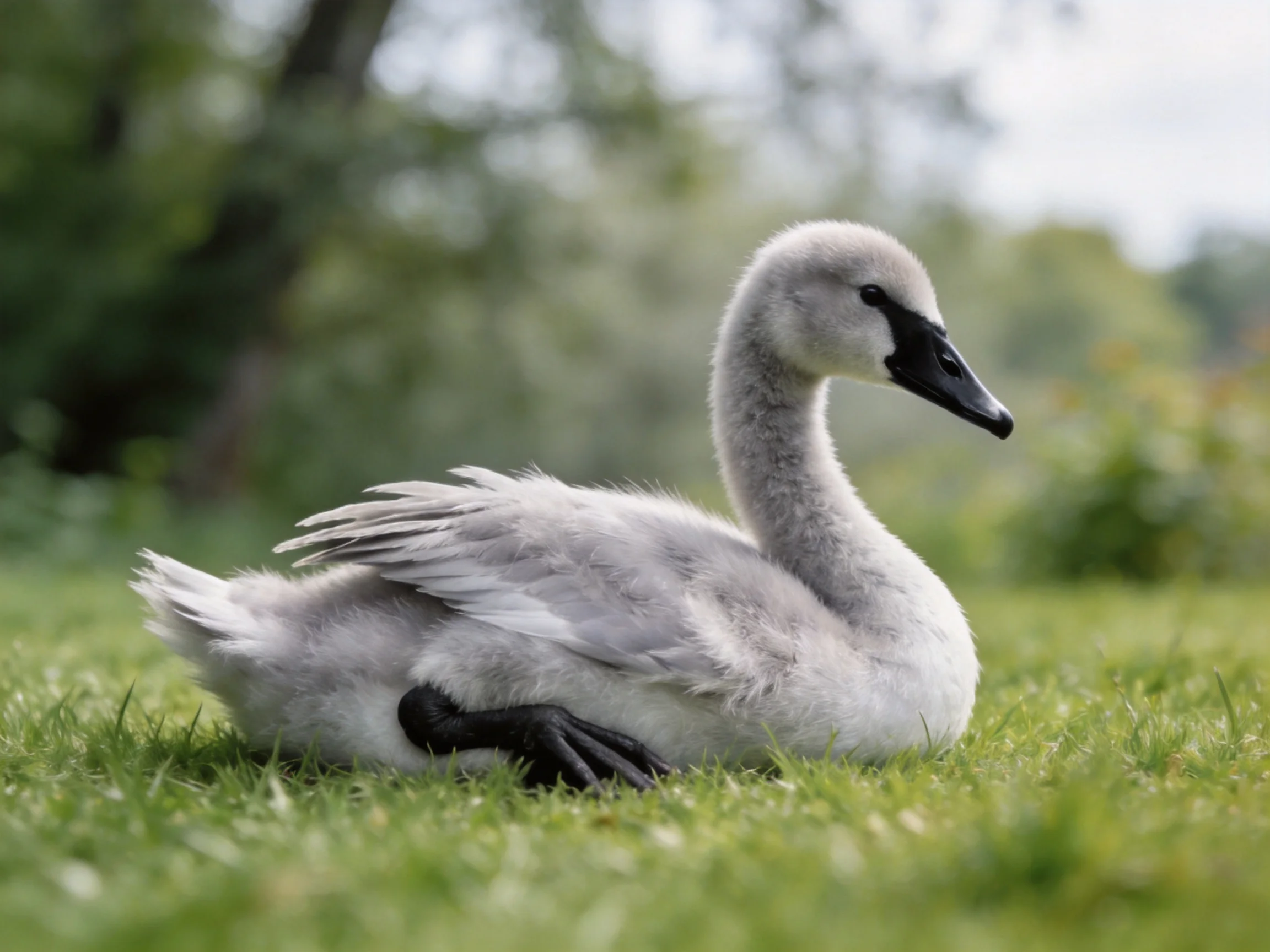 A fluffy gray cygnet resting on lush green grass